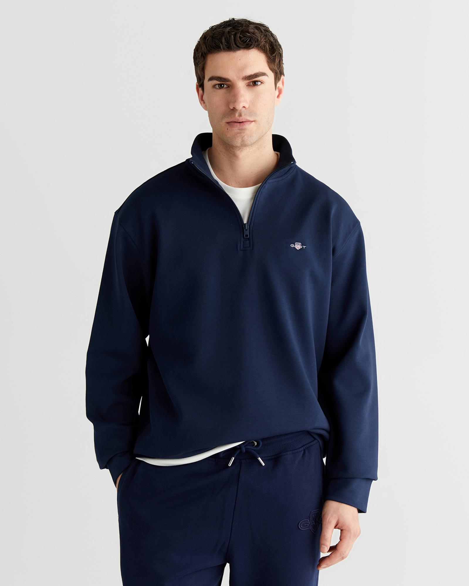 GANT Erkek Lacivert Relaxed Fit Yarım Fermuarlı Sweatshirt