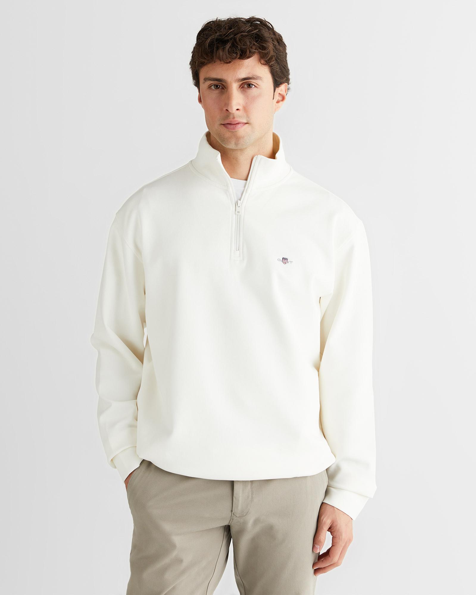 GANT Erkek Beyaz Relaxed Fit Yarım Fermuarlı Sweatshirt