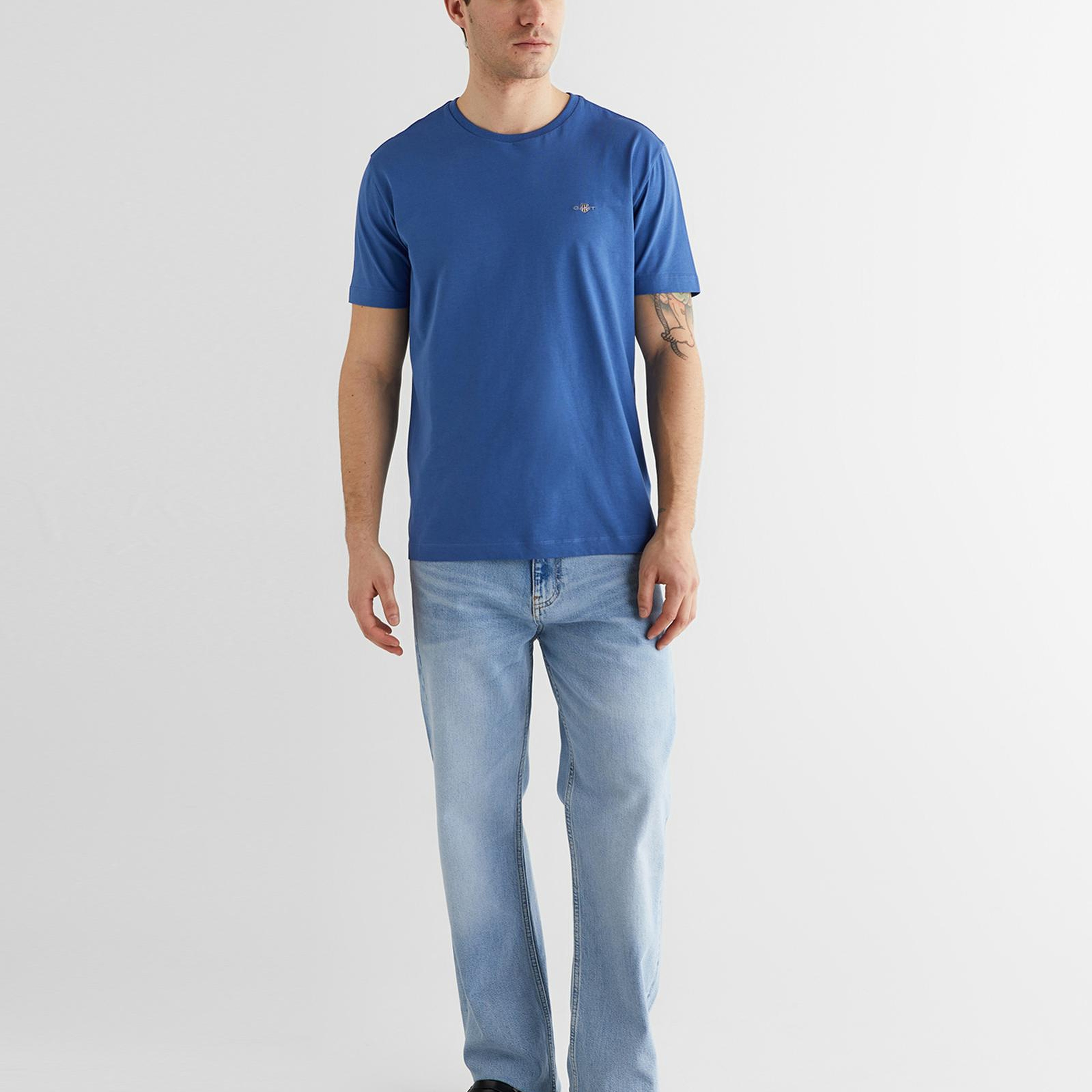 GANT Erkek Mavi Bisiklet Yaka Regular Fit Logolu T-Shirt