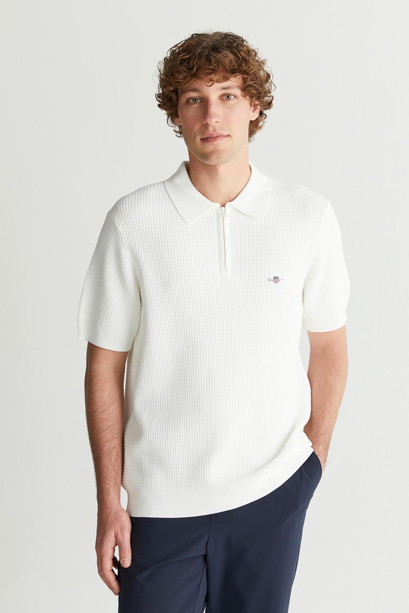 GANT Erkek Beyaz Regular Fit Yarım Fermuarlı Logolu Kazak