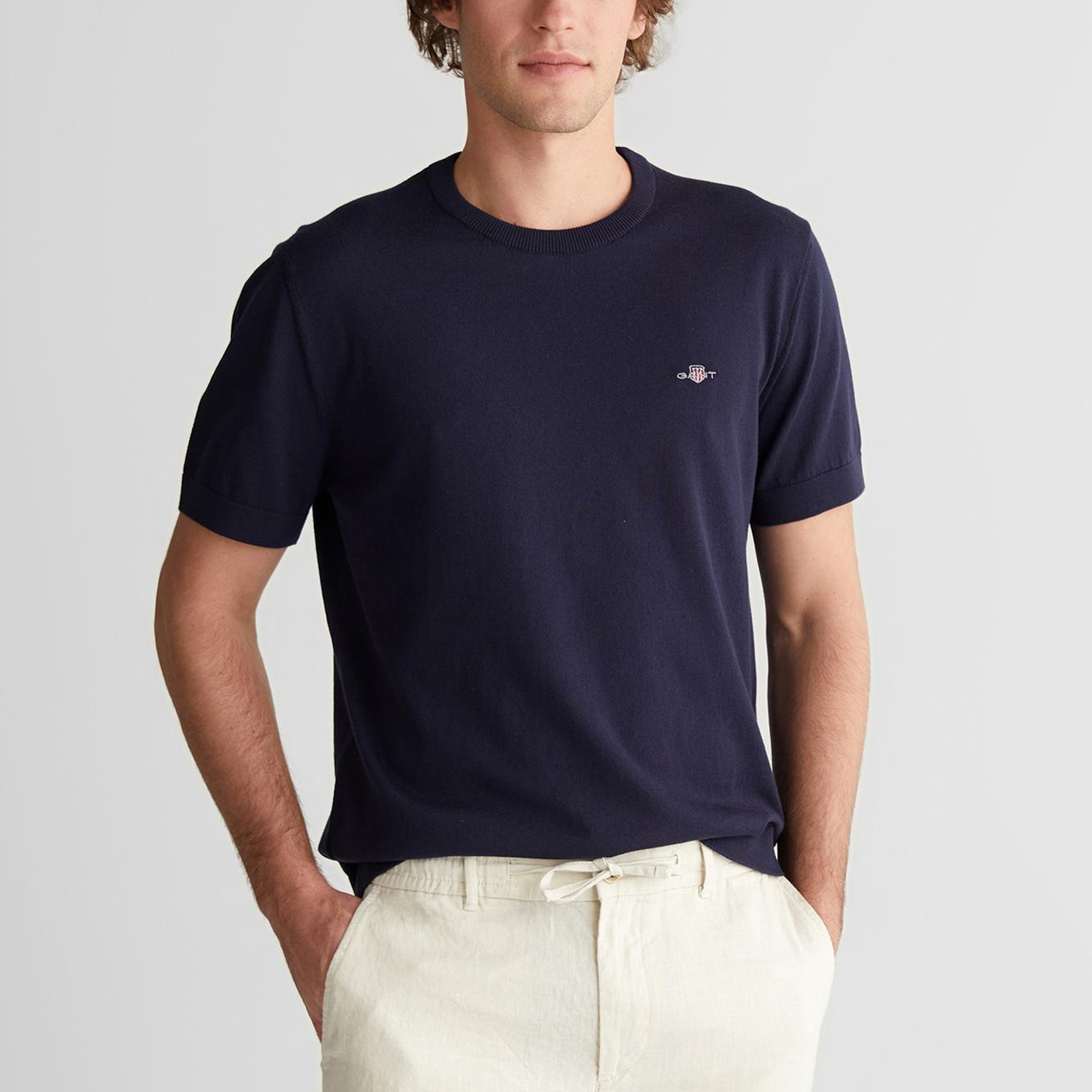 GANT Erkek Lacivert Regular Fit Bisiklet Yaka Logolu Kazak