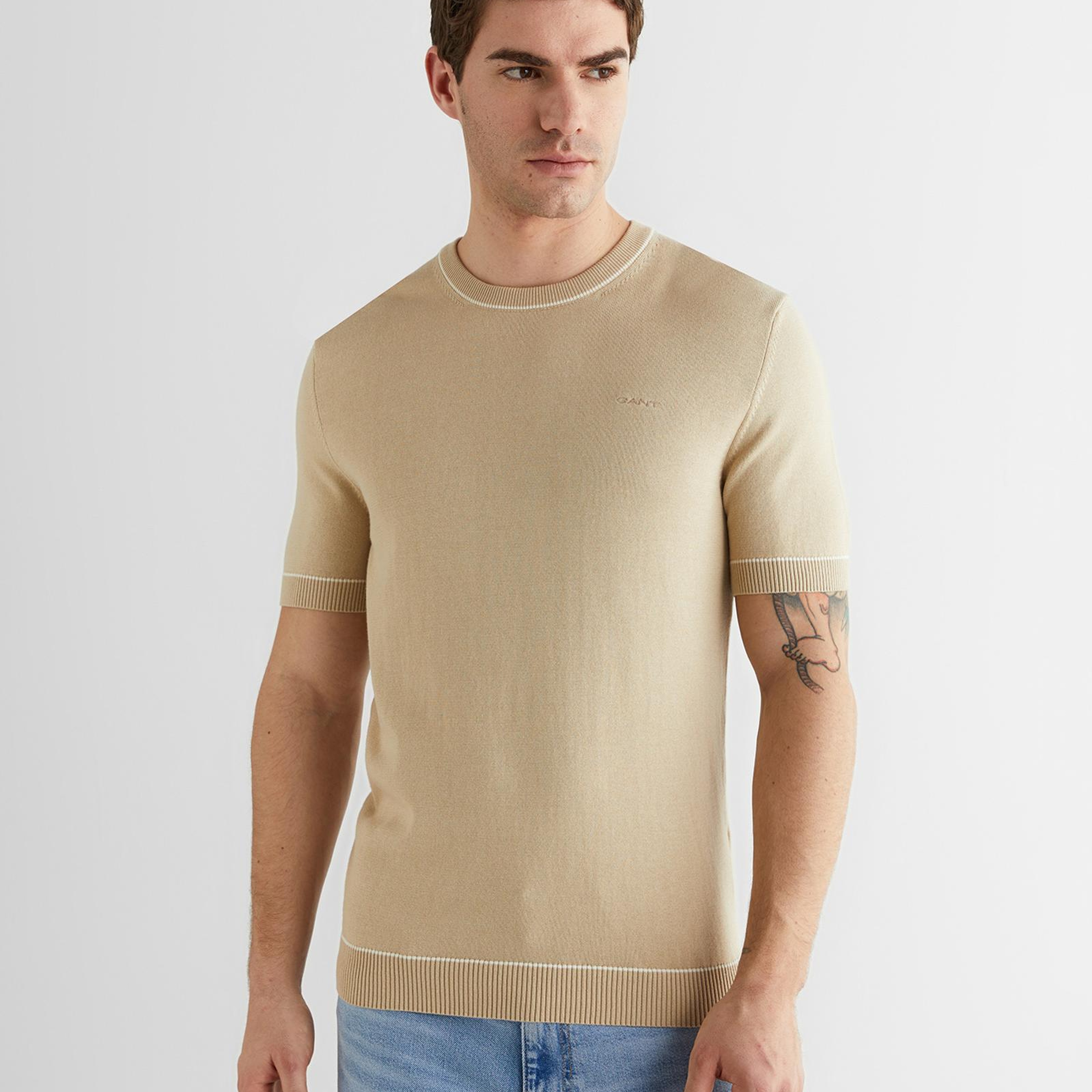 GANT Erkek Bej Regular Fit Kısa Kollu Triko