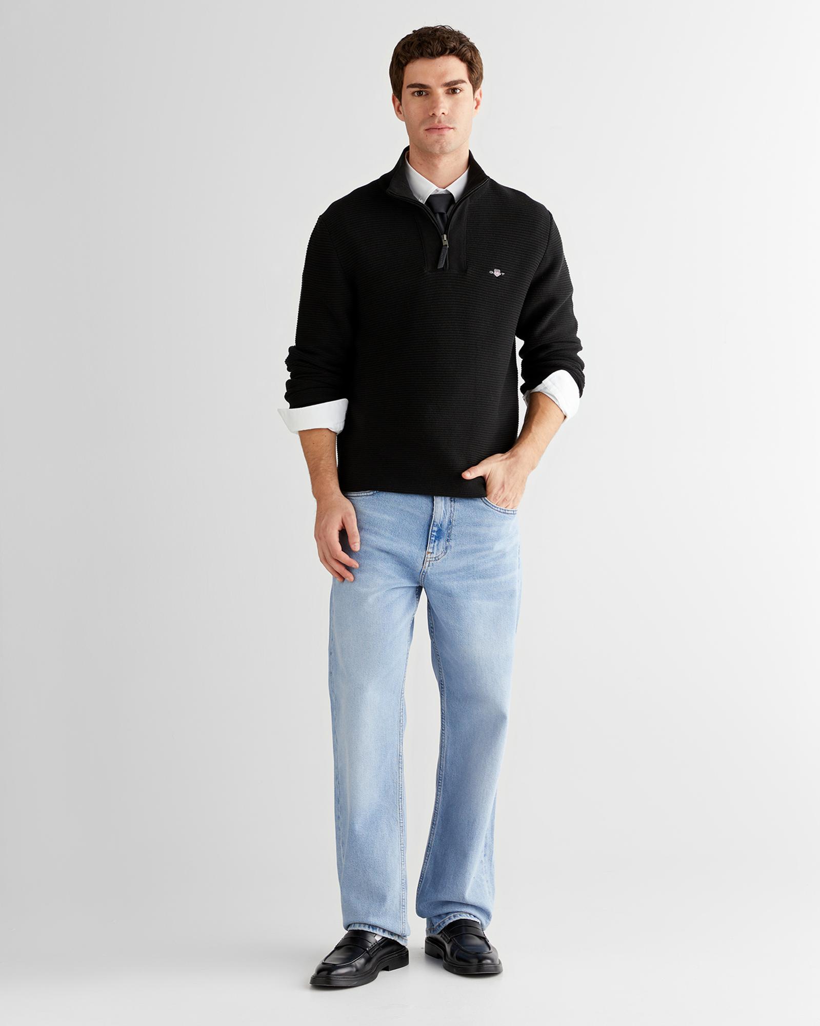 GANT Erkek Siyah Regular Fit Yarım Fermuarlı Triko