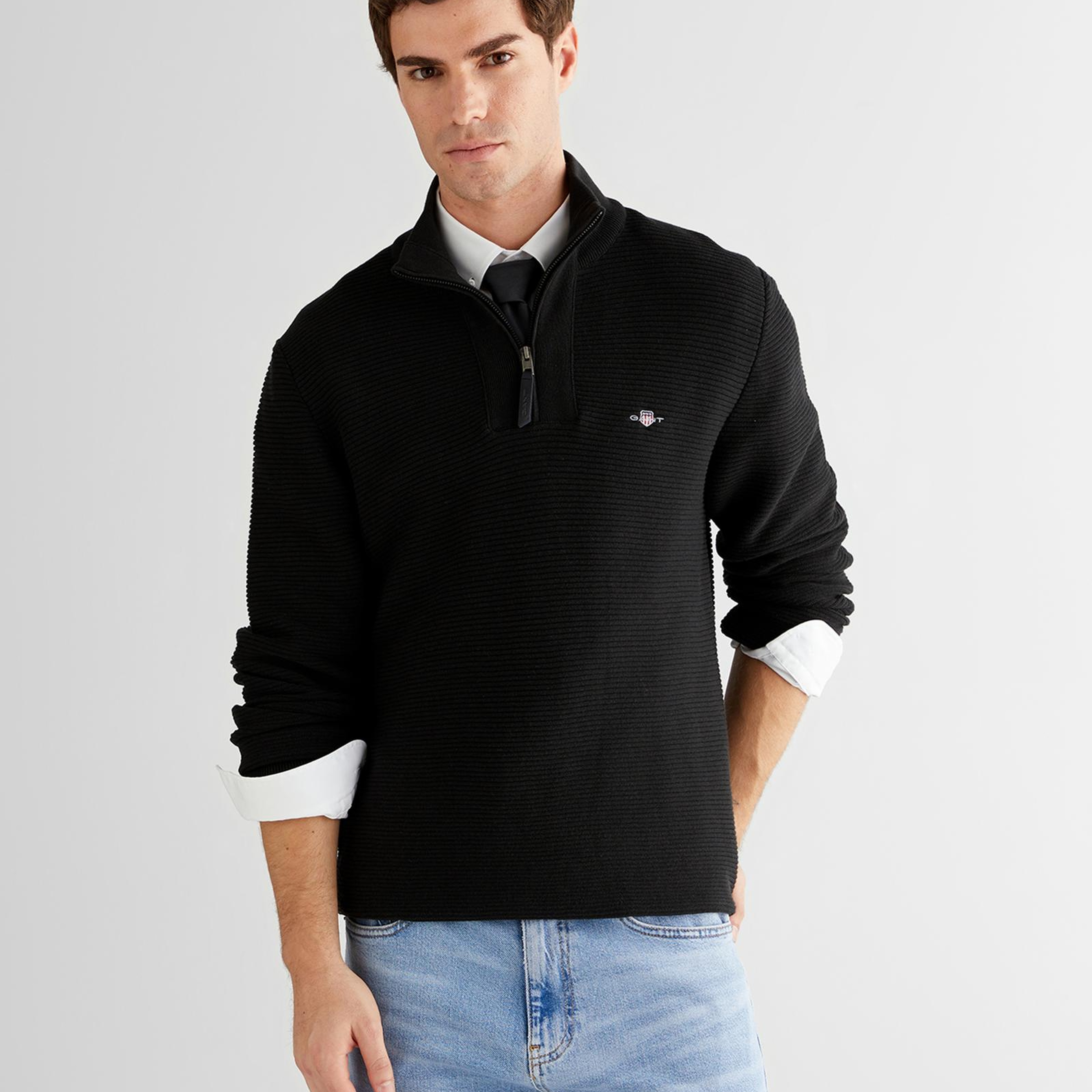 GANT Erkek Siyah Regular Fit Yarım Fermuarlı Triko