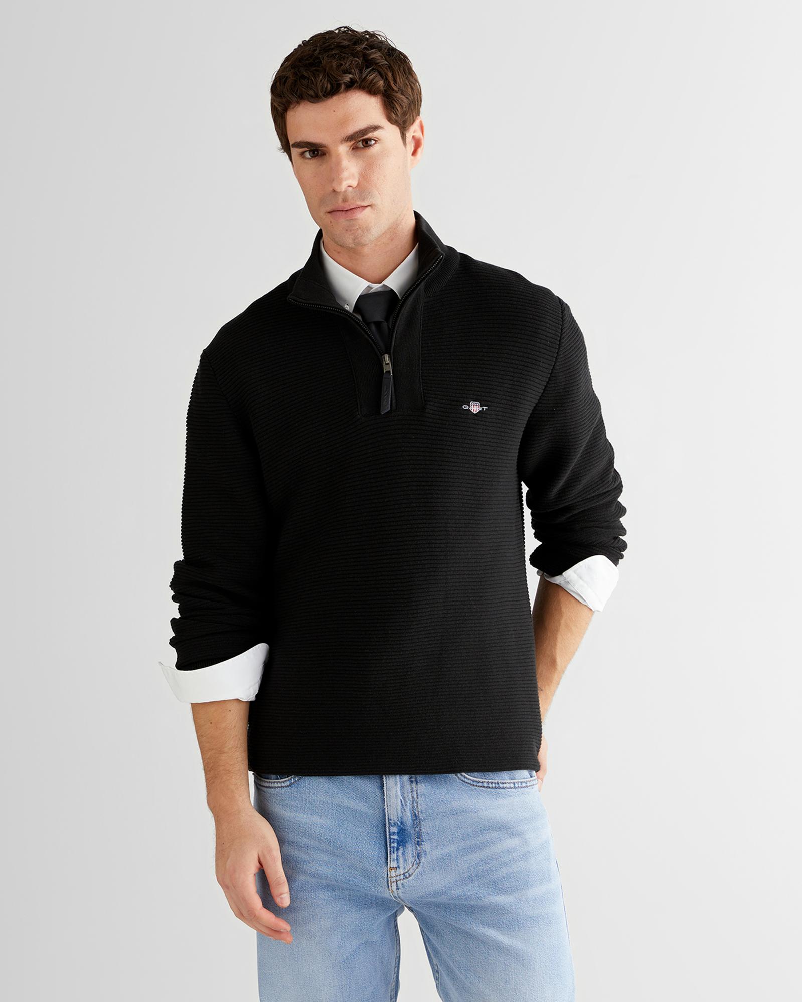 GANT Erkek Siyah Regular Fit Yarım Fermuarlı Triko