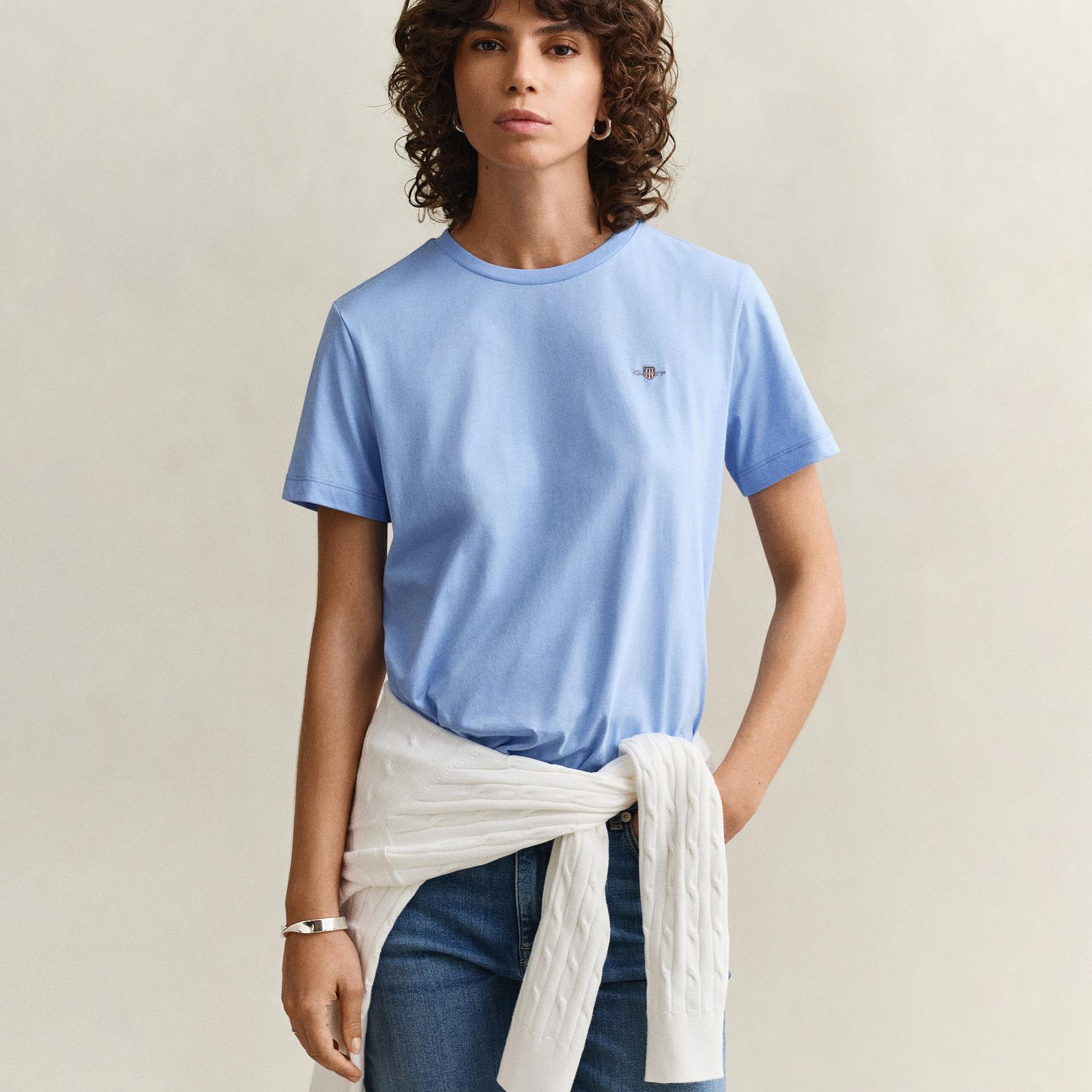 GANT Kadın Mavi Bisiklet Yaka Regular Fit Logolu T-Shirt