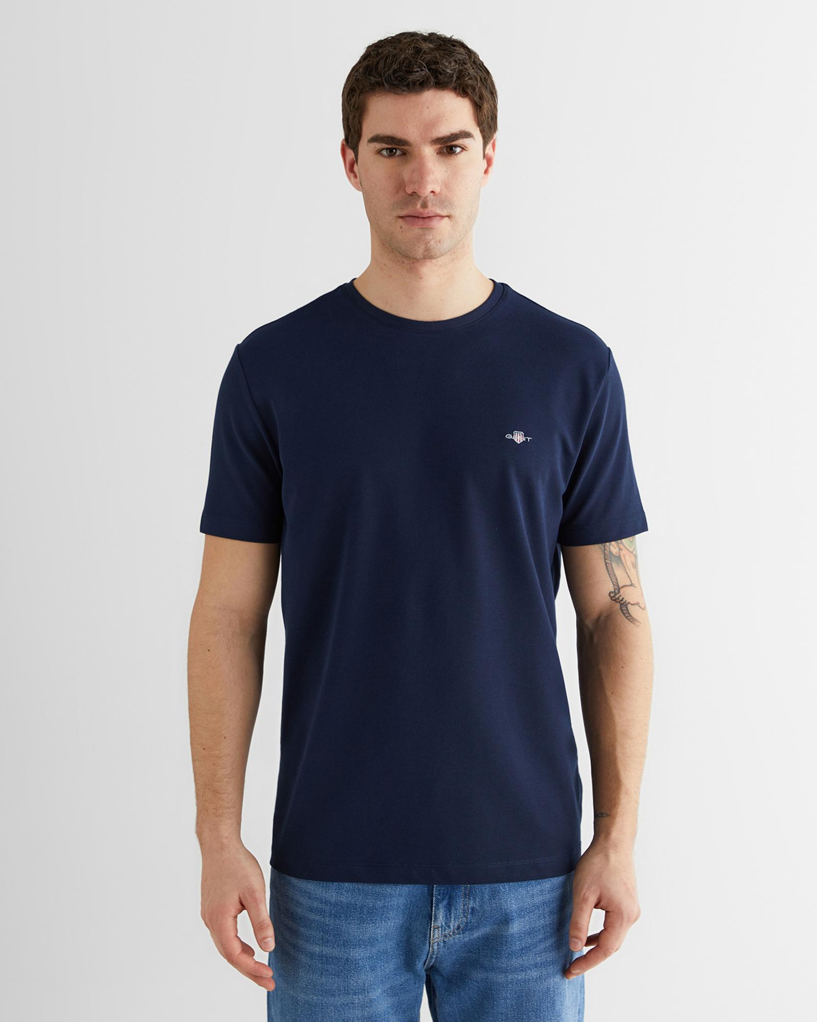 GANT Erkek Lacivert Bisiklet Yaka Regular Fit Logolu T-Shirt