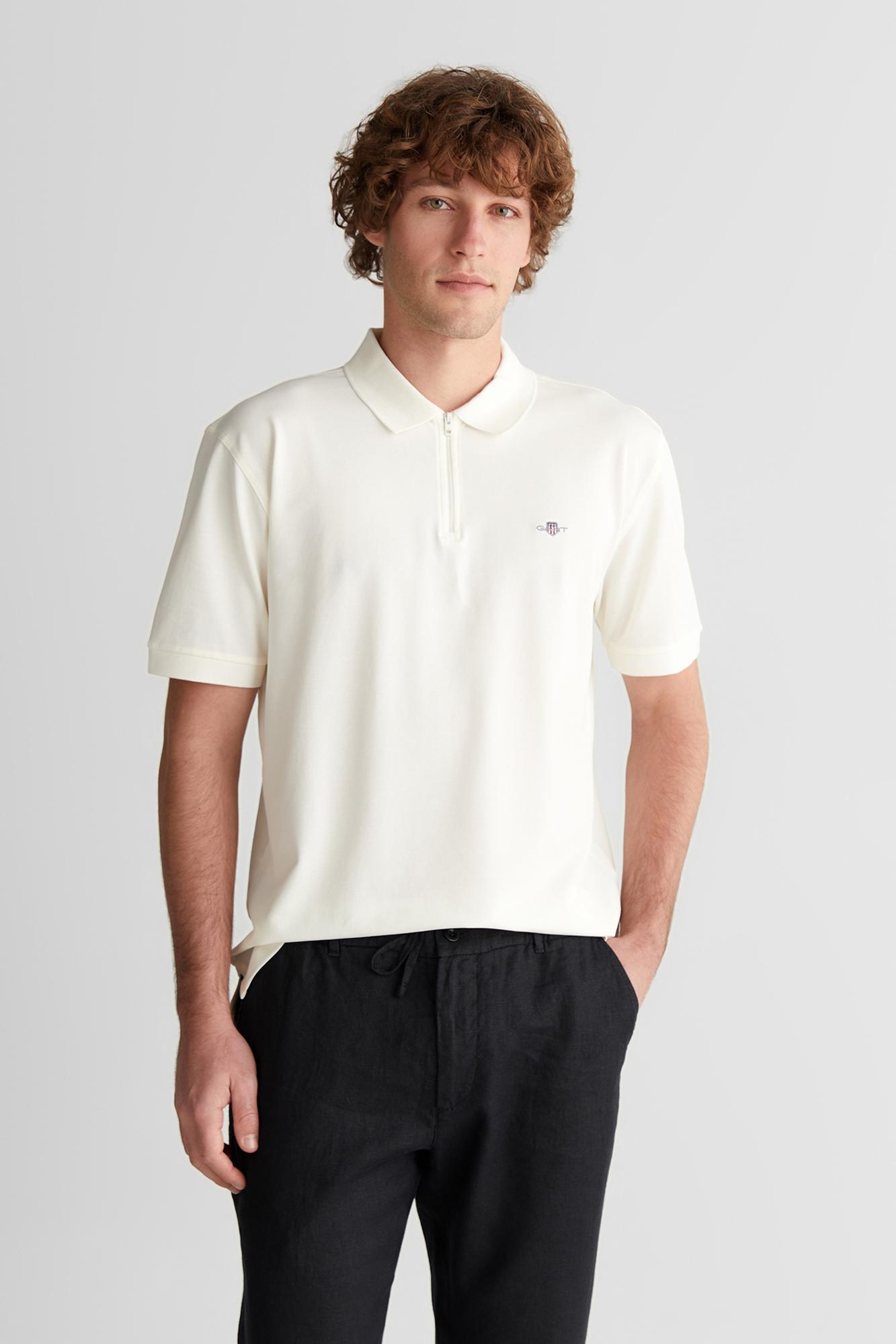 GANT Erkek Beyaz Regular Fit Yarım Fermuarlı Logolu Polo Yaka T-Shirt