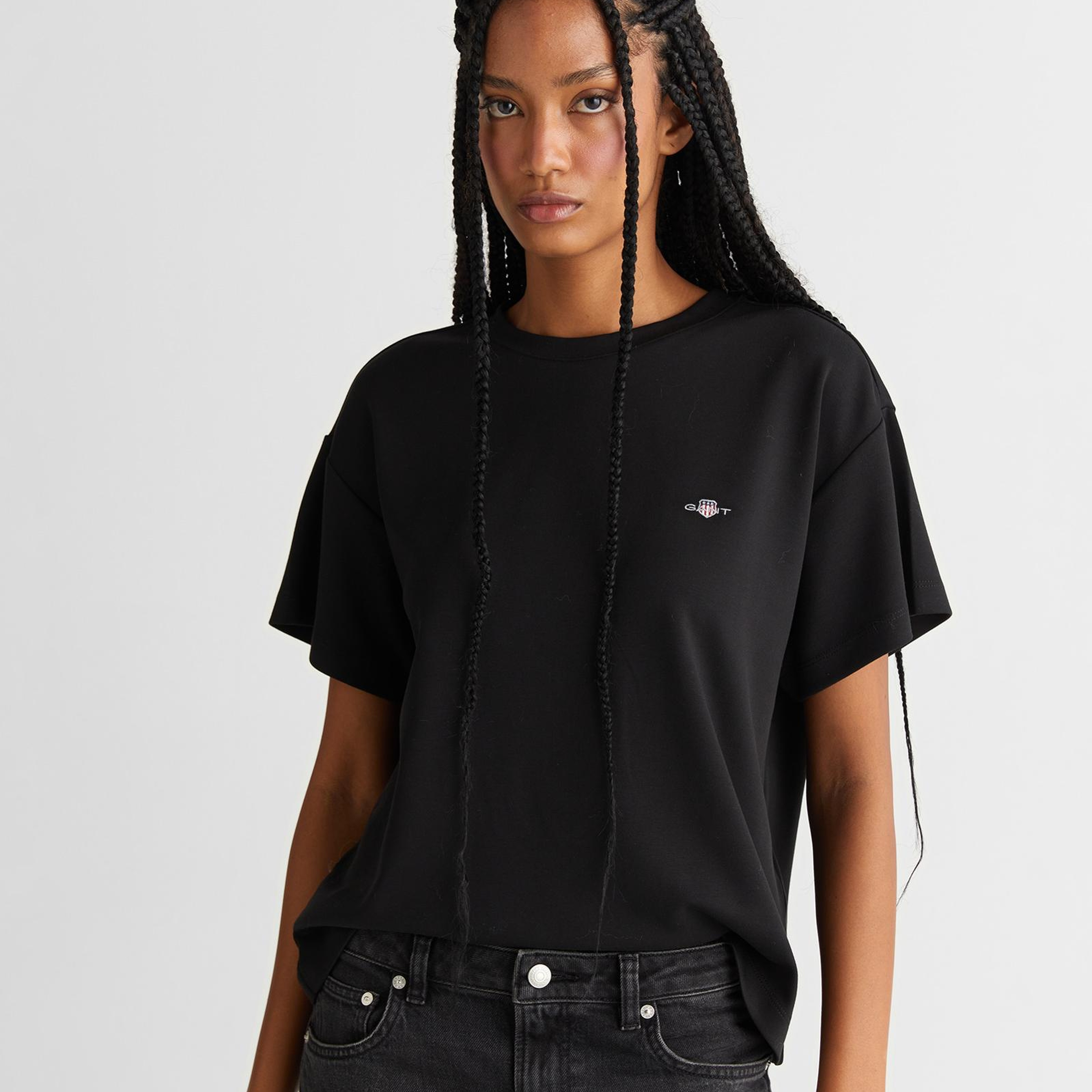 GANT Kadın Siyah Regular Fit Bisiklet Yaka T-Shirt