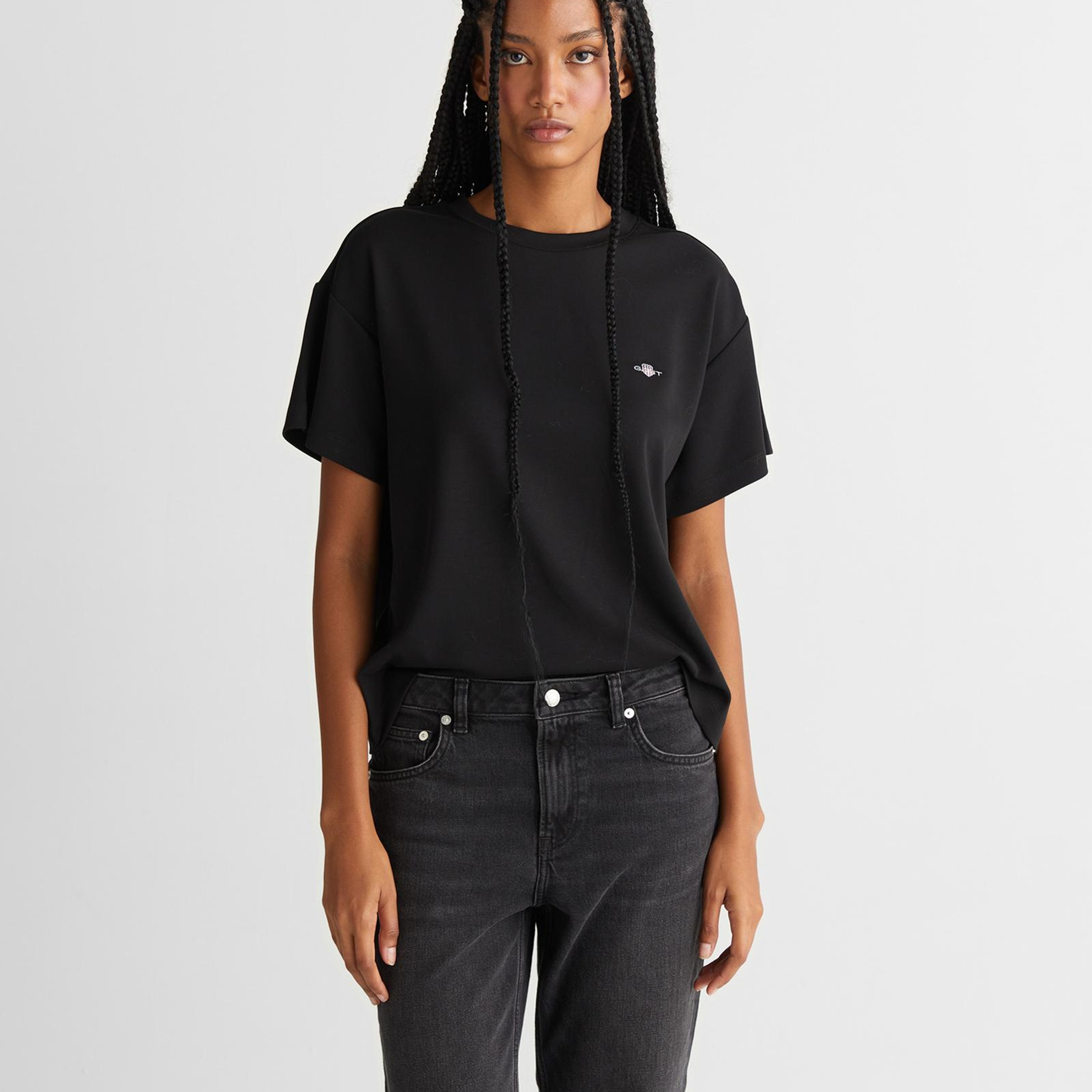 GANT Kadın Siyah Regular Fit Bisiklet Yaka T-Shirt