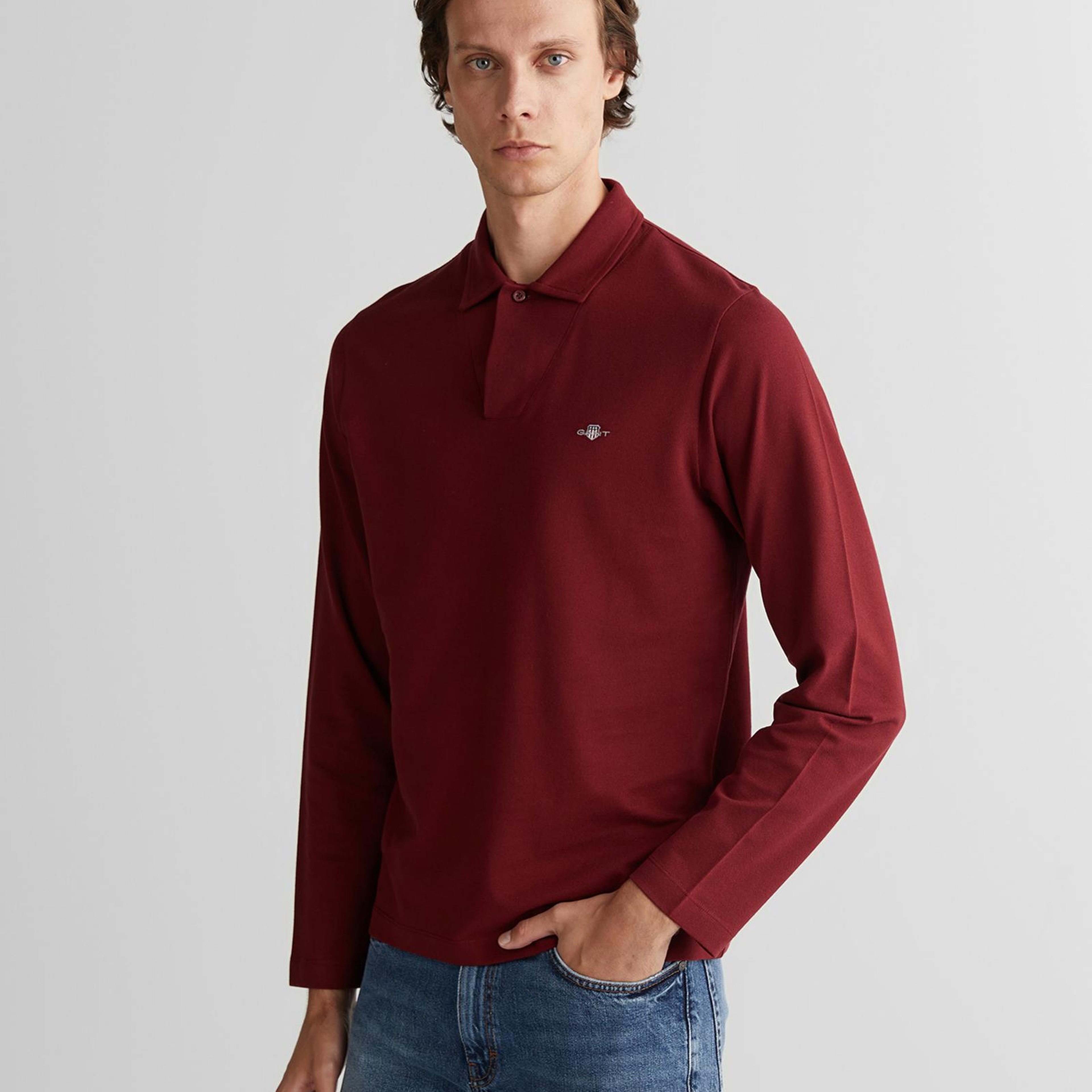 GANT Erkek Bordo Slim Fit V Yaka Polo