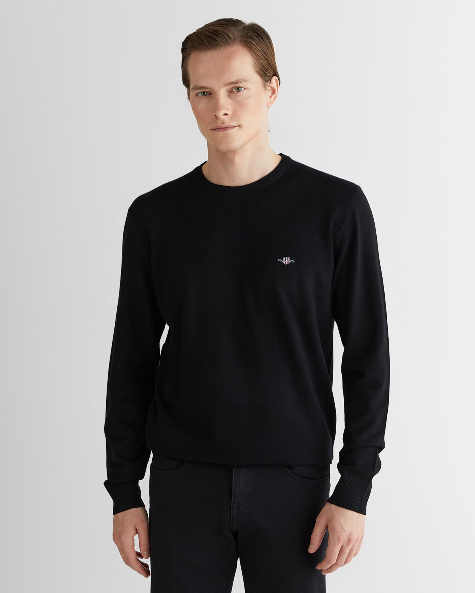 GANT Erkek Siyah Standart Fit Bisiklet Yaka Triko