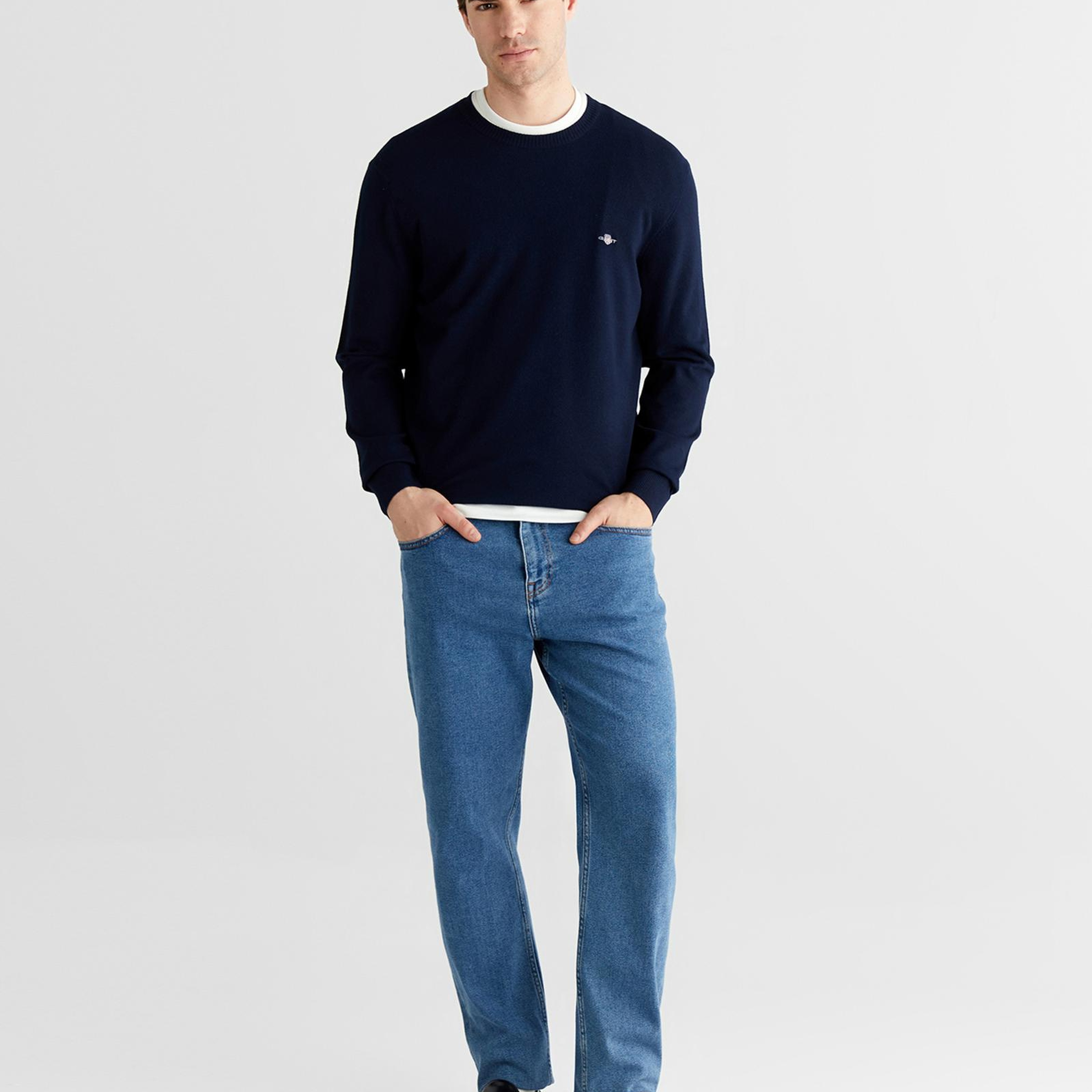 GANT Erkek Lacivert Standart Fit Bisiklet Yaka Triko