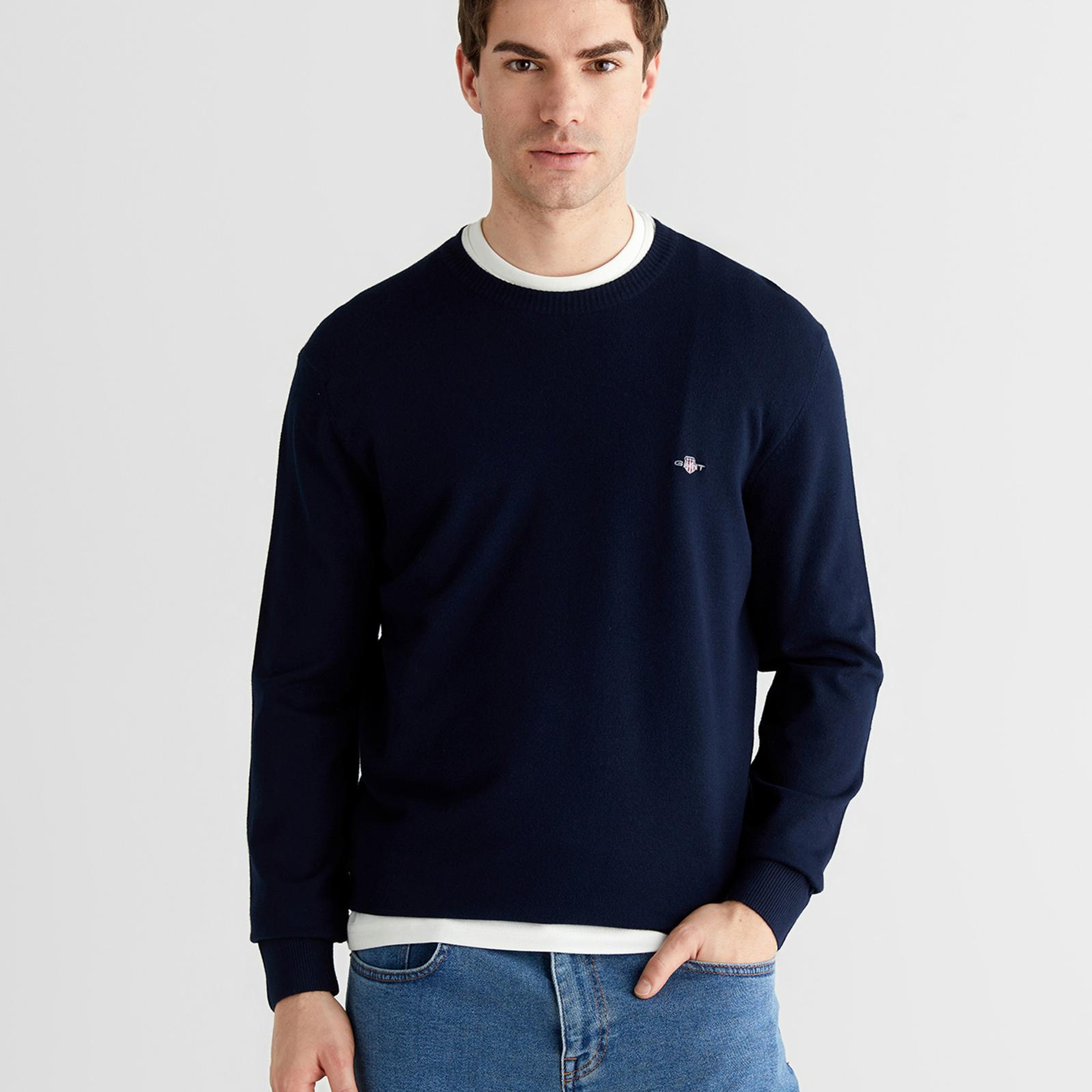 GANT Erkek Lacivert Standart Fit Bisiklet Yaka Triko