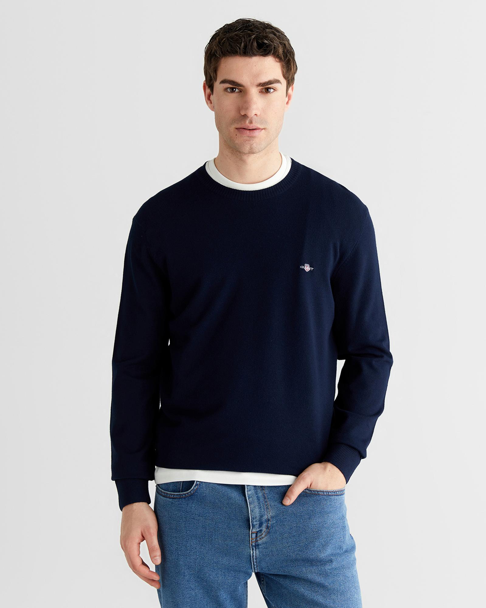 GANT Erkek Lacivert Standart Fit Bisiklet Yaka Triko