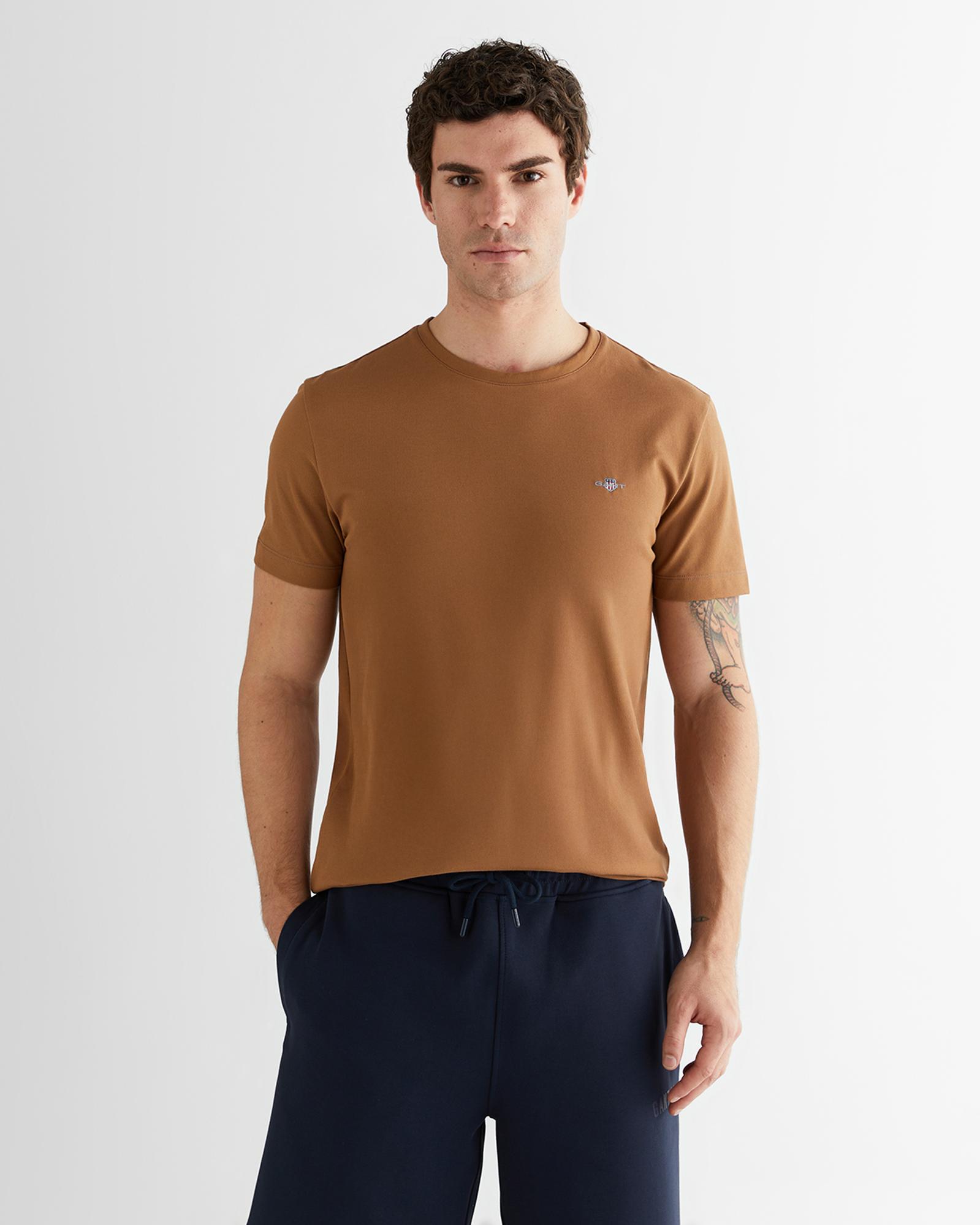 GANT Erkek Kahverengi Regular Fit Bisiklet Yaka T-Shirt