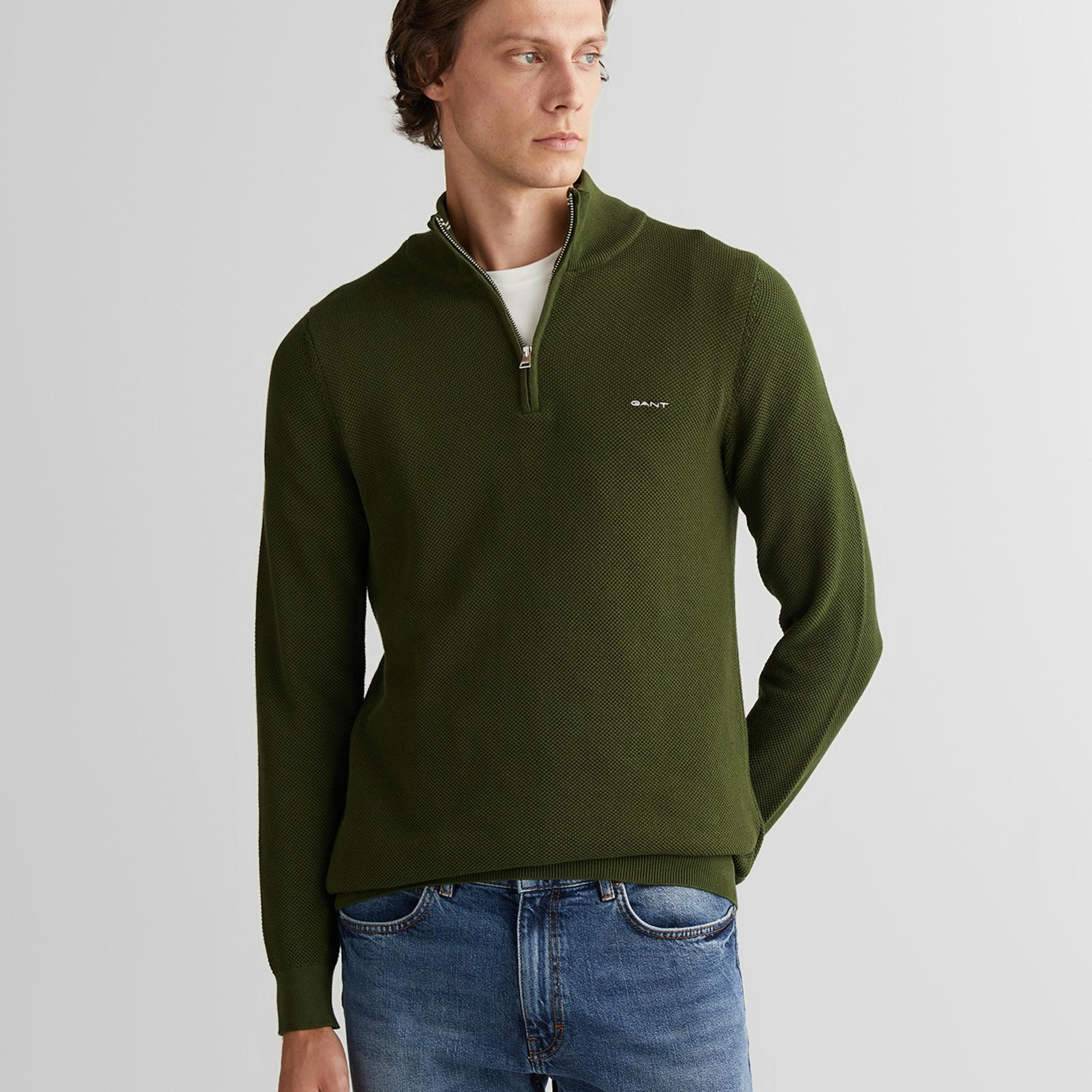 GANT Erkek Haki Regular Fit Yarım Fermuarlı Triko