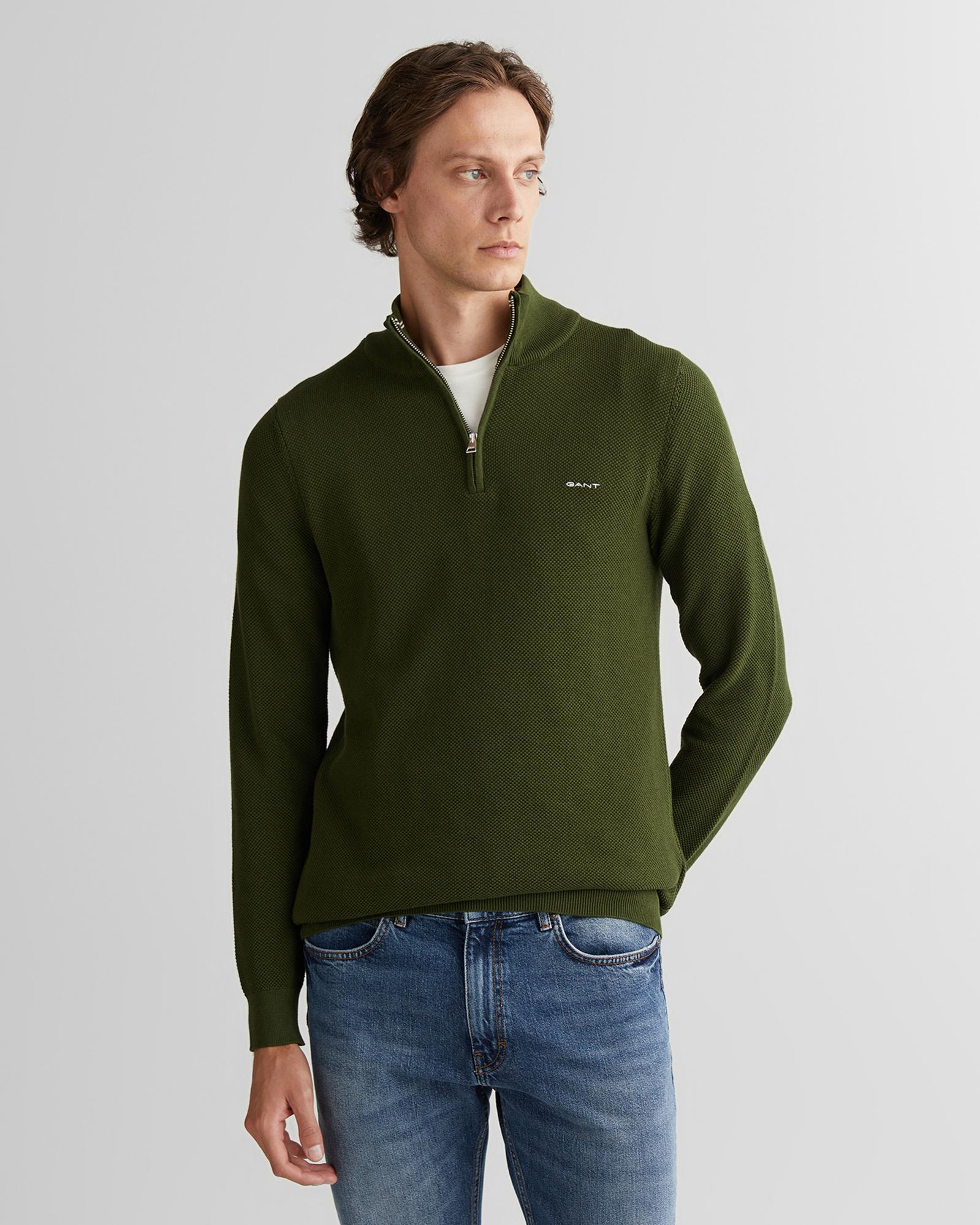 GANT Erkek Haki Regular Fit Yarım Fermuarlı Triko