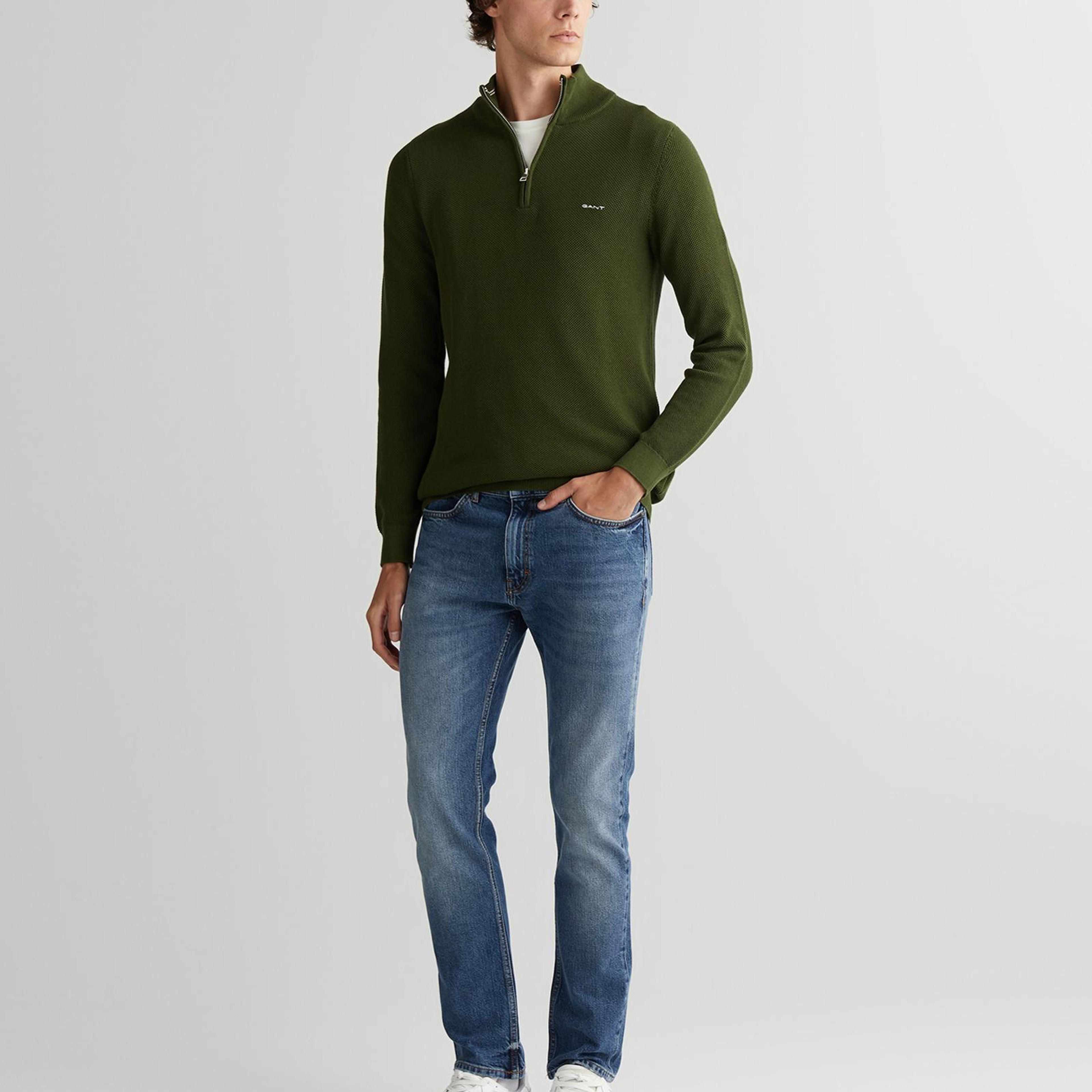 GANT Erkek Haki Regular Fit Yarım Fermuarlı Triko