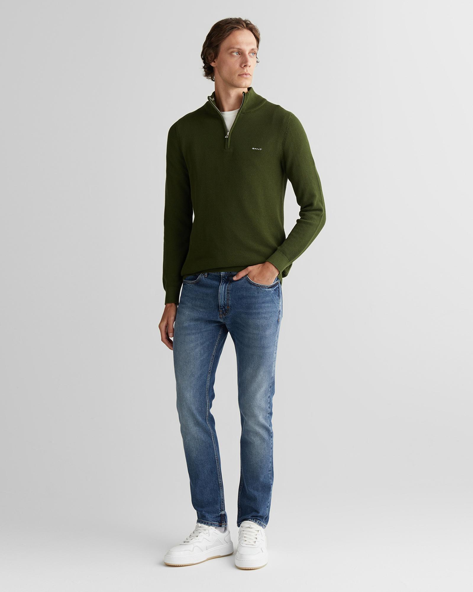 GANT Erkek Haki Regular Fit Yarım Fermuarlı Triko