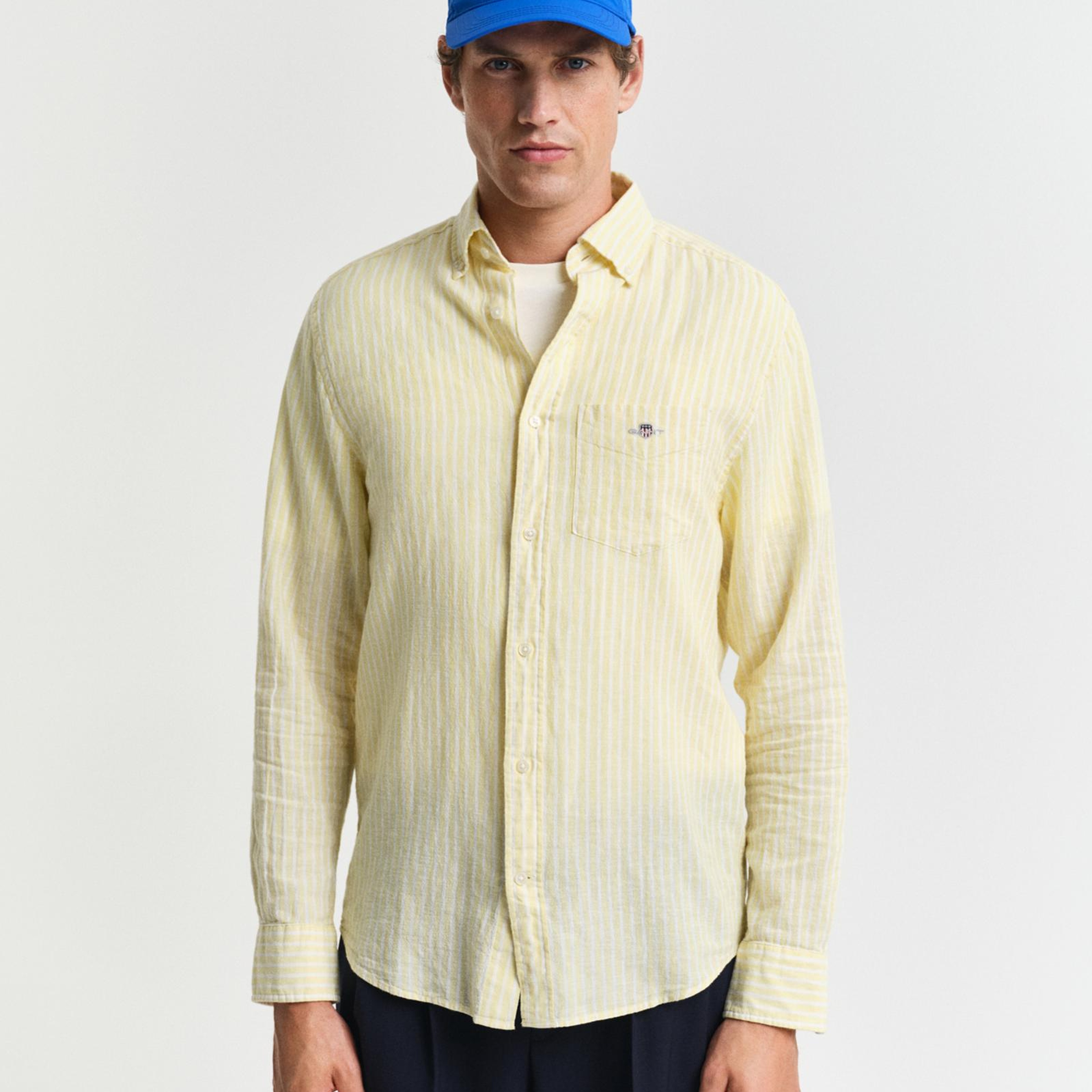 GANT Erkek Sarı Regular Fit Düğmeli Yaka Çizgili Keten Gömlek