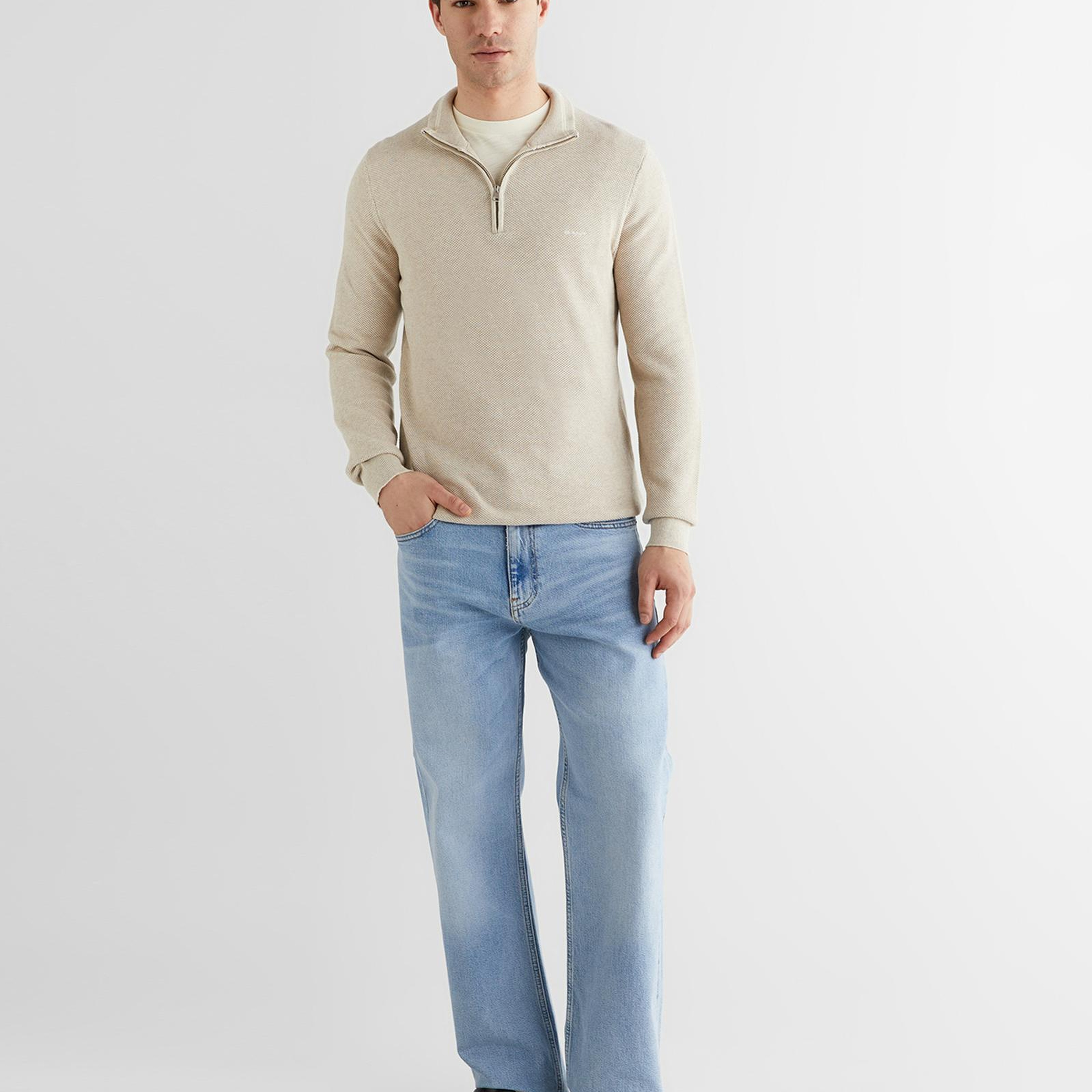 GANT Erkek Bej Regular Fit Yarım Fermuarlı Triko