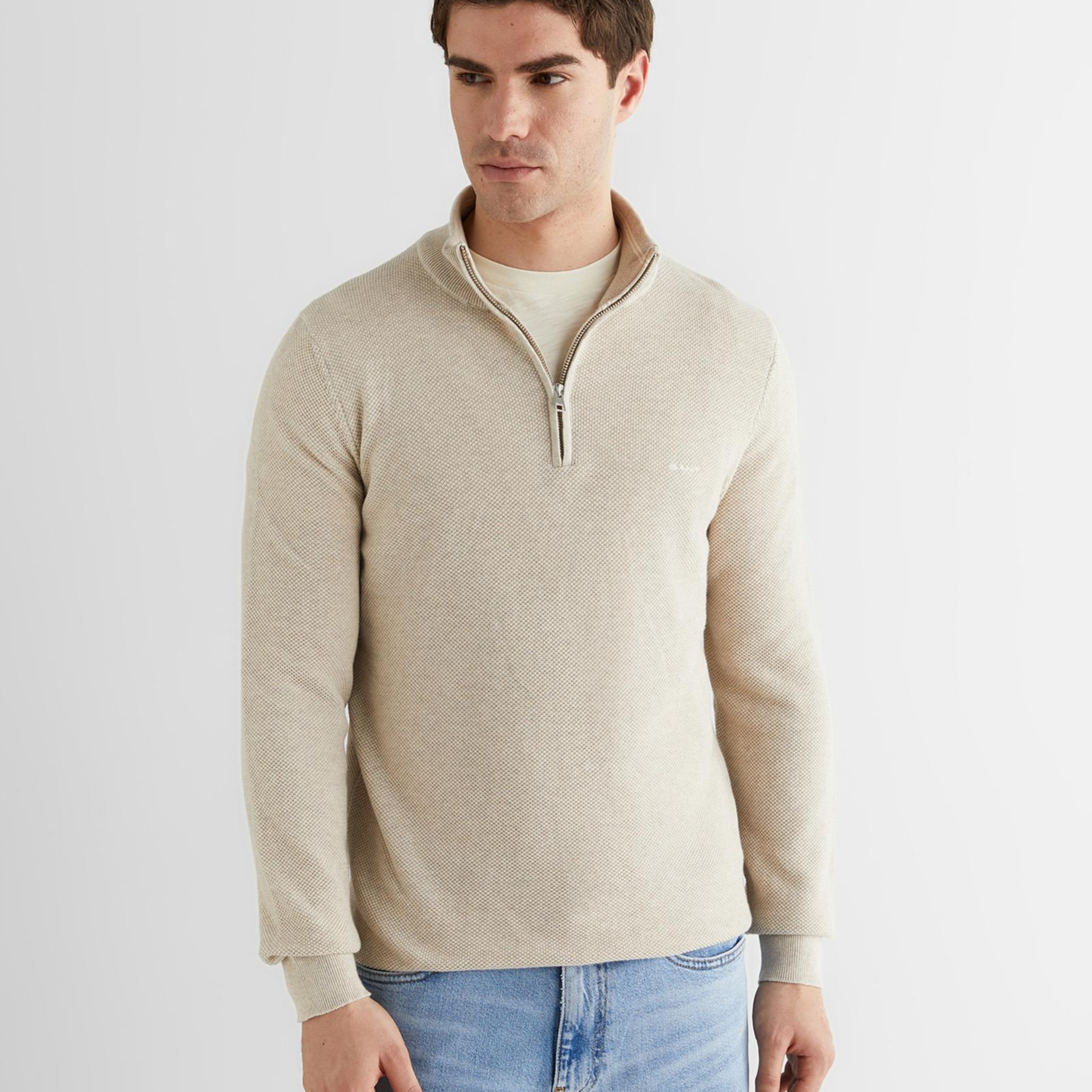 GANT Erkek Bej Regular Fit Yarım Fermuarlı Triko