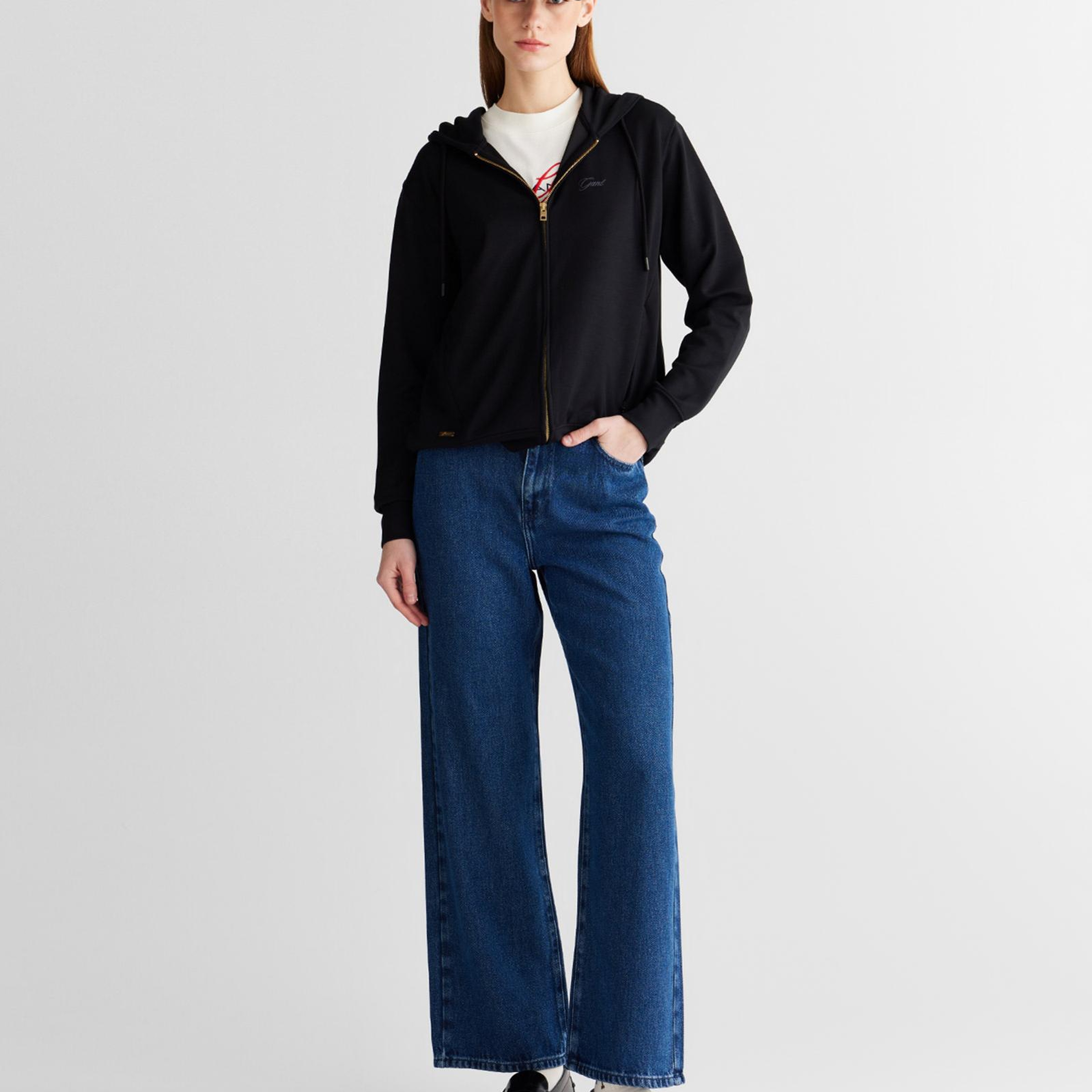 GANT Kadın Siyah Regular Fit Fermuarlı Sweatshirt