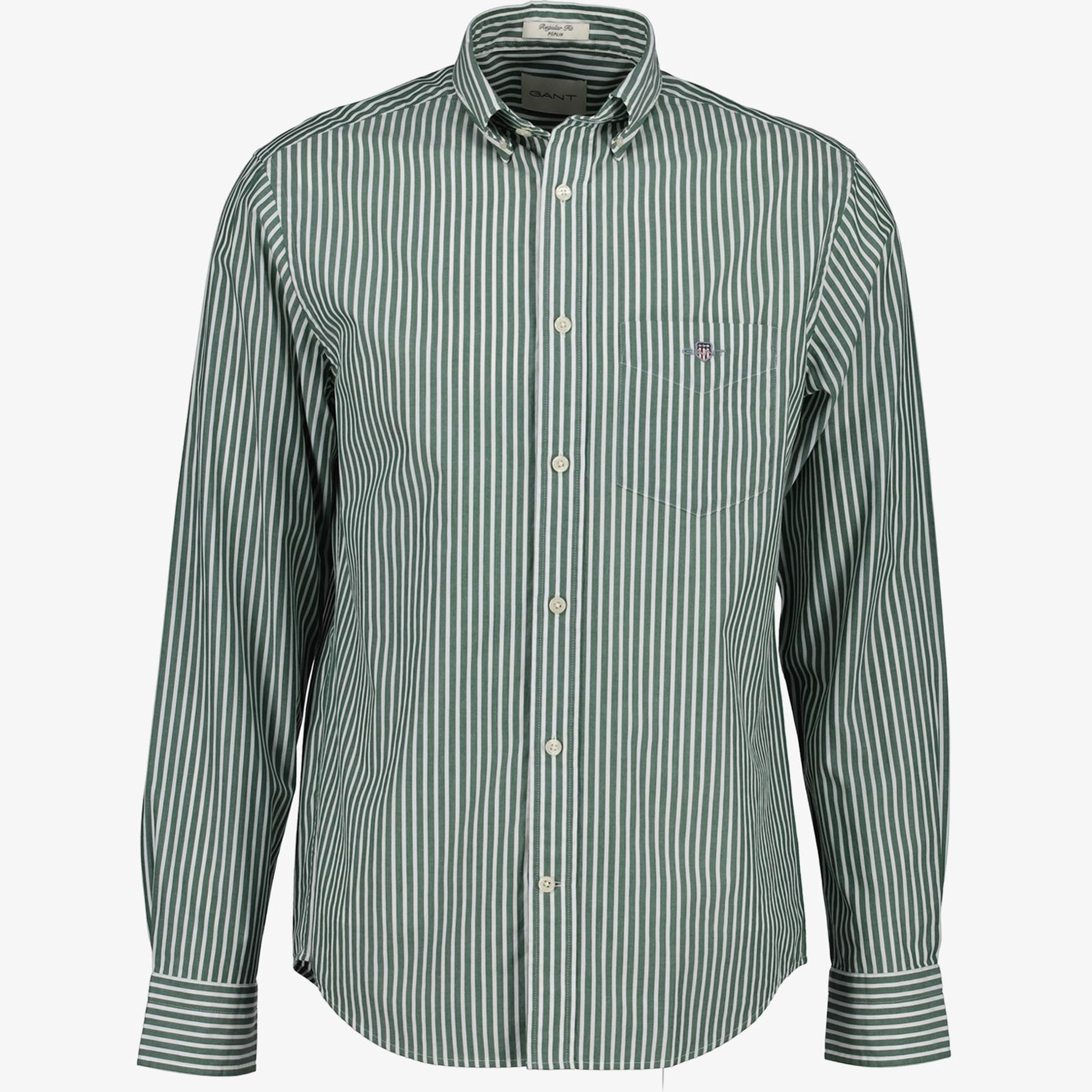GANT Erkek Yeşil Regular Fit Düğmeli Yaka Çizgili Poplin Gömlek