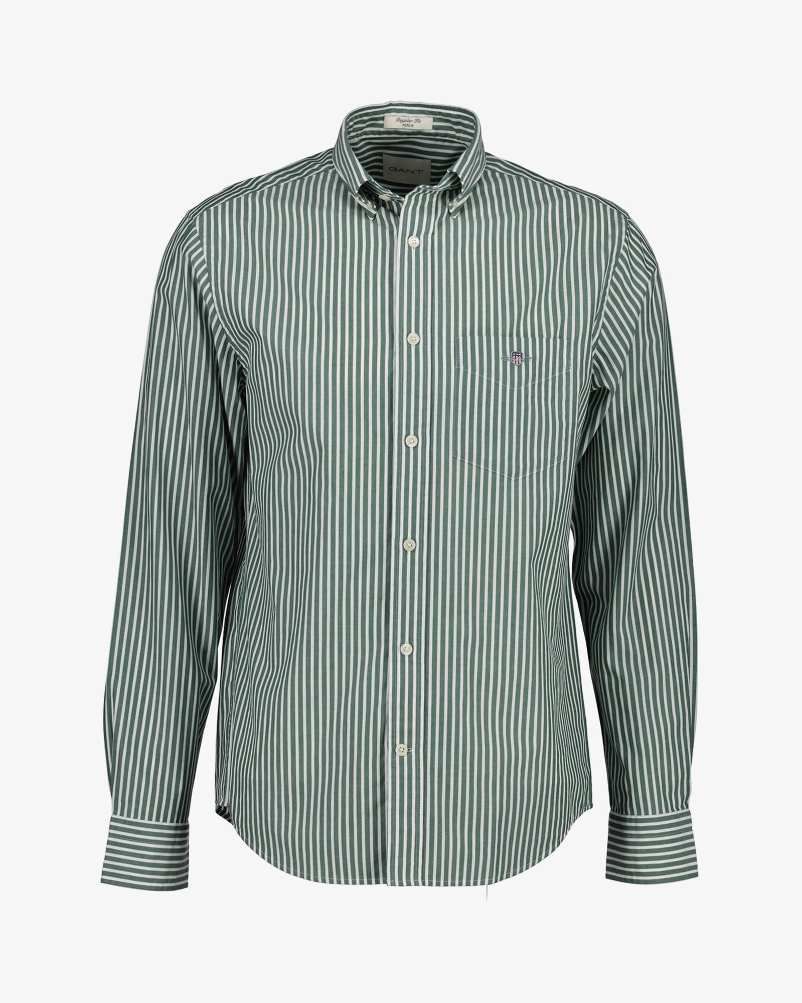 GANT Erkek Yeşil Regular Fit Düğmeli Yaka Çizgili Poplin Gömlek