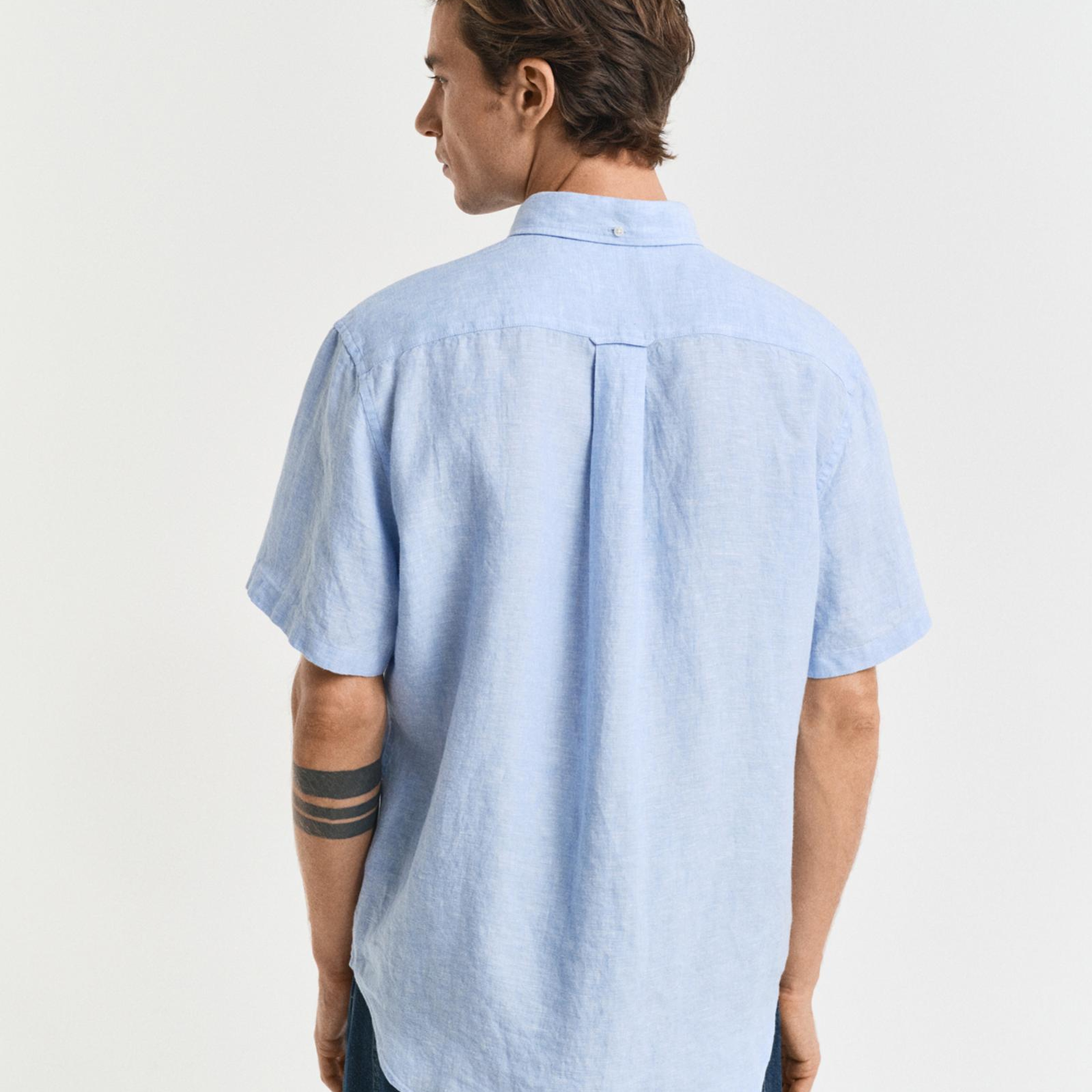 GANT Erkek Mavi Regular Fit Düğmeli Yaka Keten Gömlek