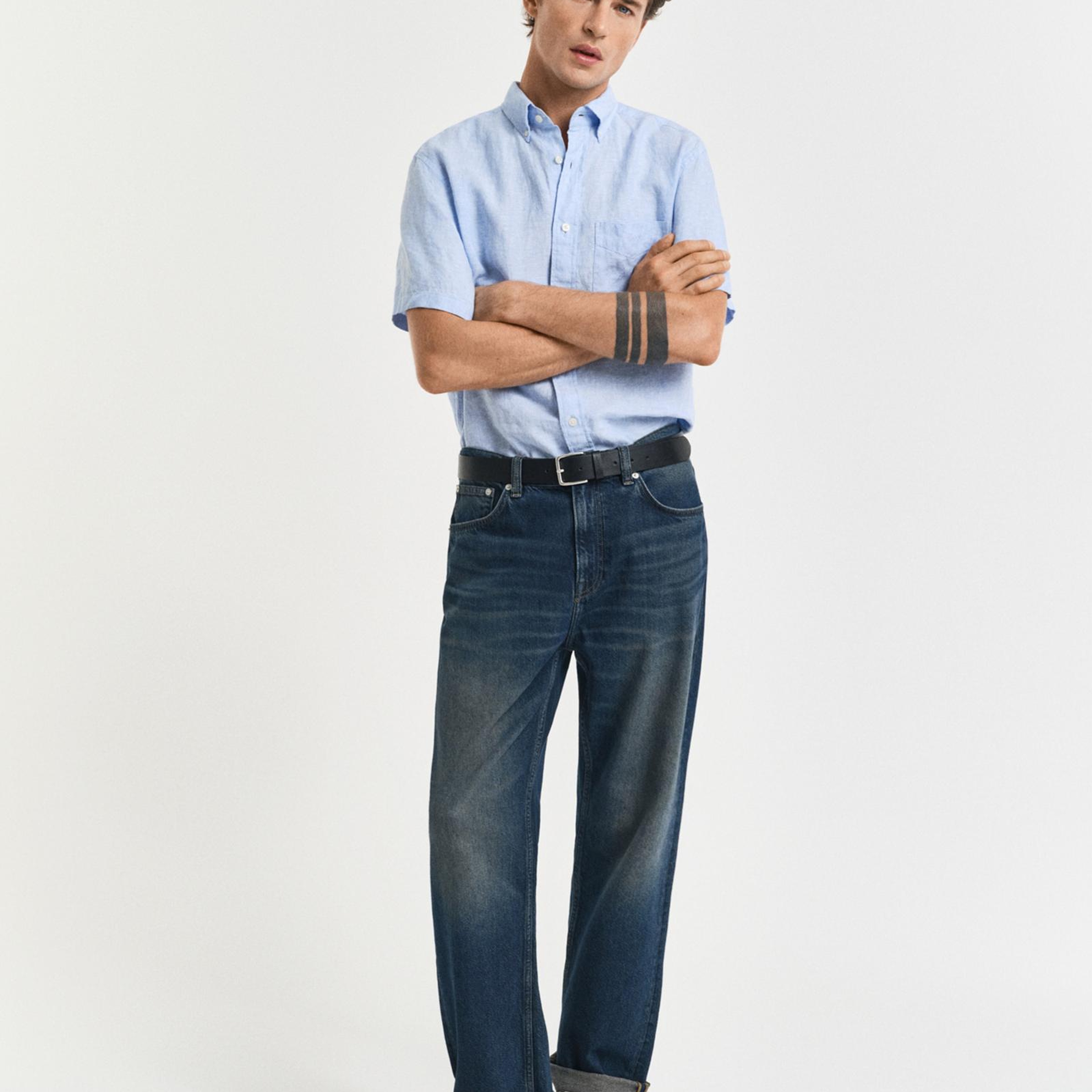 GANT Erkek Mavi Regular Fit Düğmeli Yaka Keten Gömlek