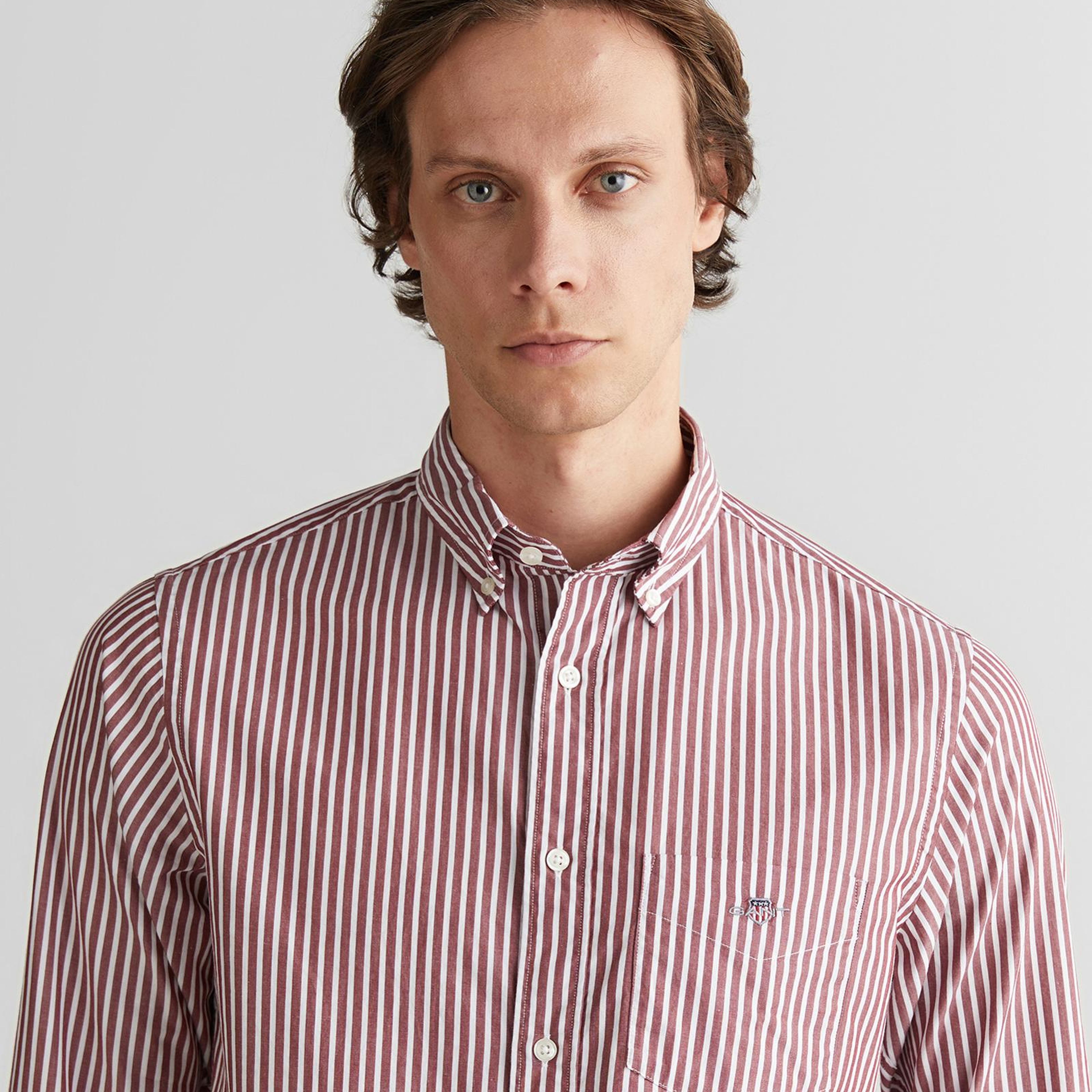 GANT Erkek Bordo Regular Fit Düğmeli Yaka Çizgili Poplin Gömlek