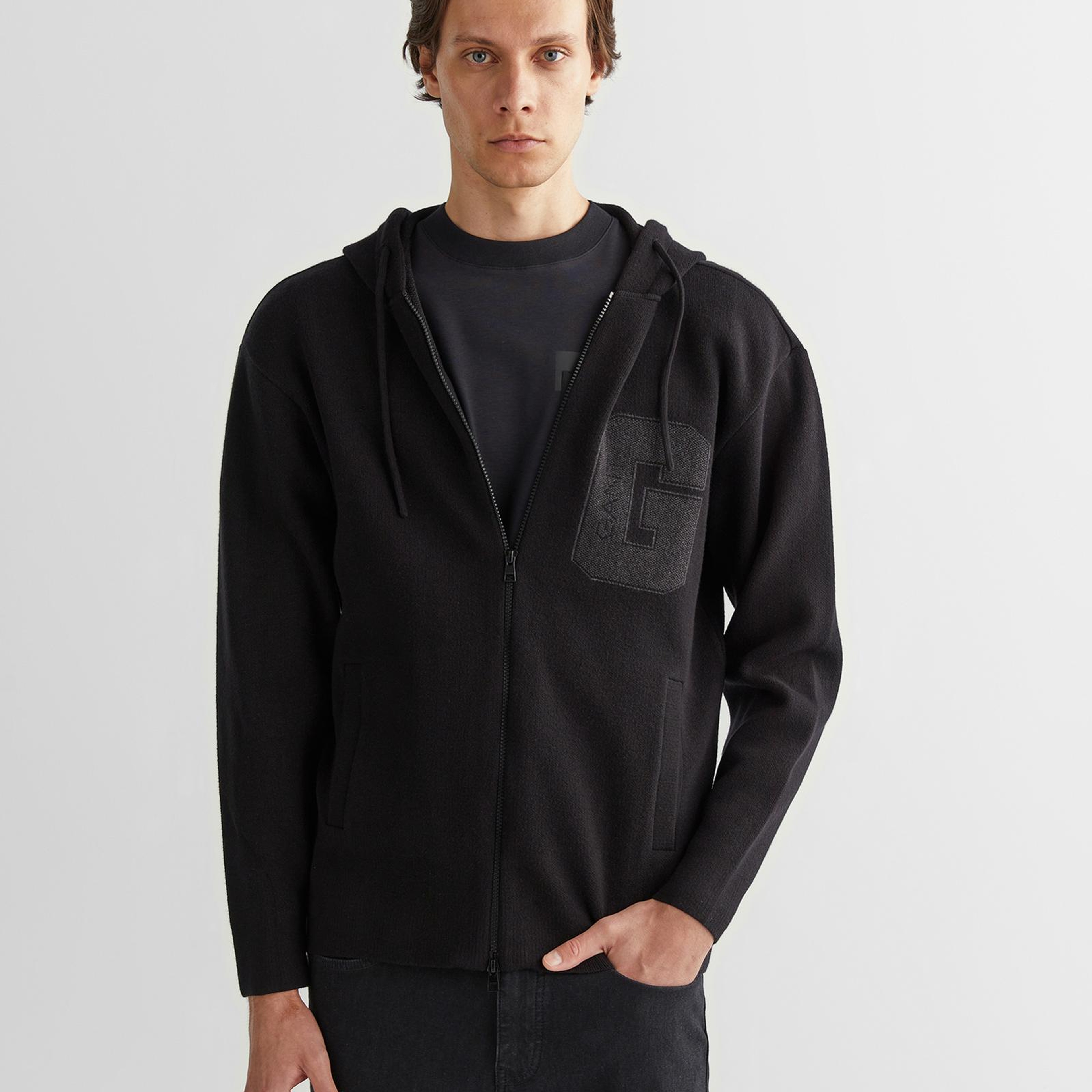 GANT Erkek Siyah Regular Fit Kapüşonlu Logolu Hırka