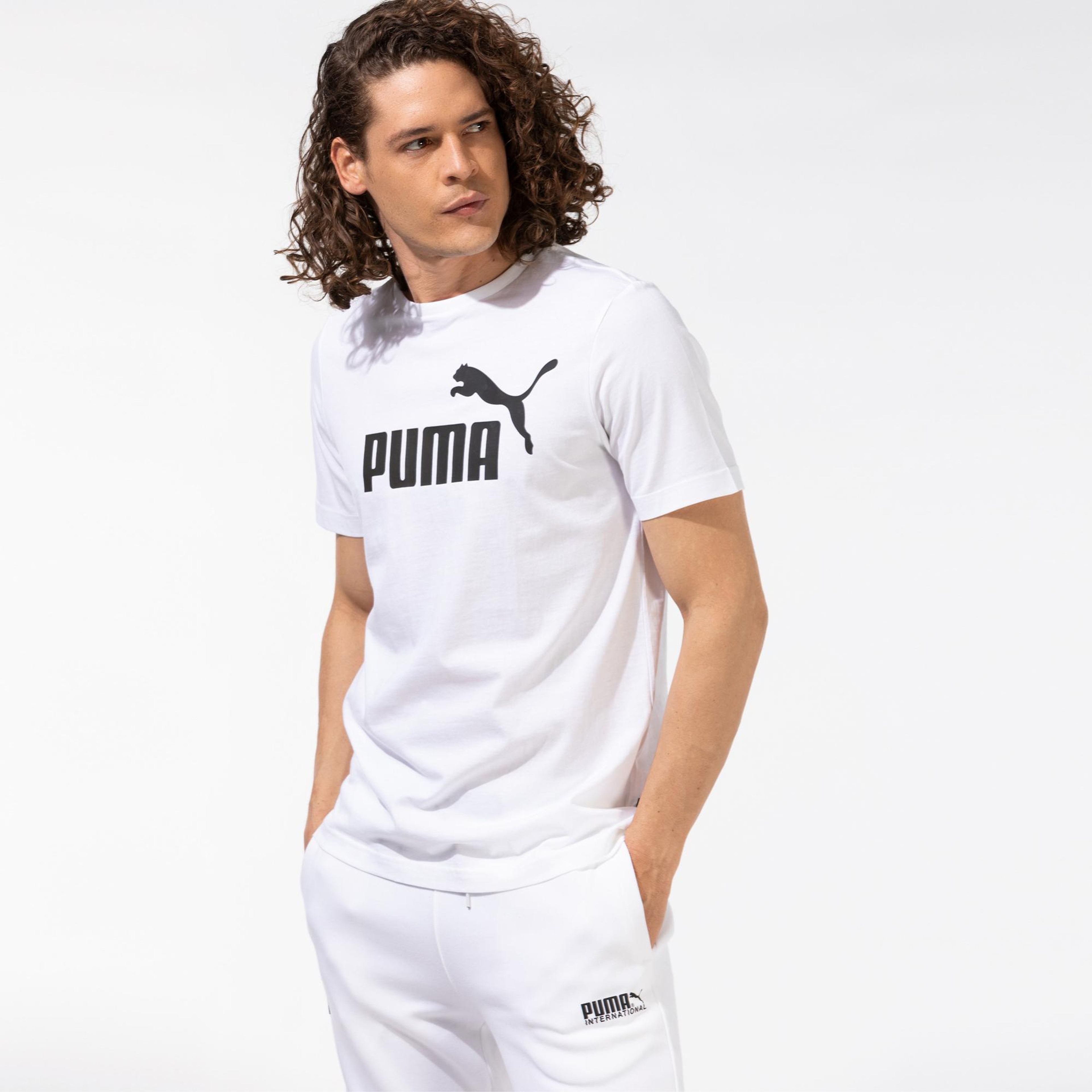 Puma Ess Logo Erkek Beyaz Bisiklet Yaka T-Shirt