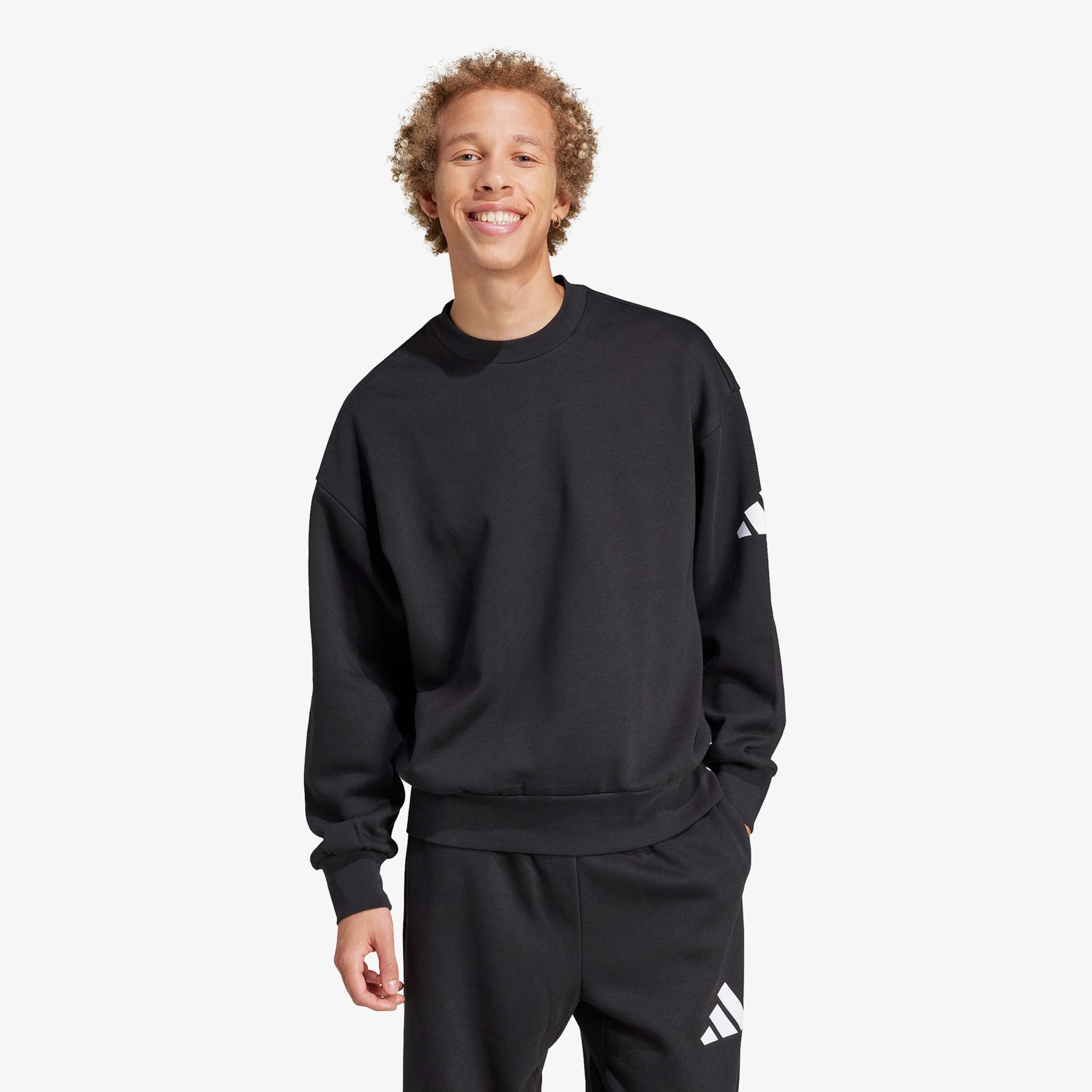 adidas Essentials Loose Fit 3 Bar Logo Erkek Siyah Sweatshirt