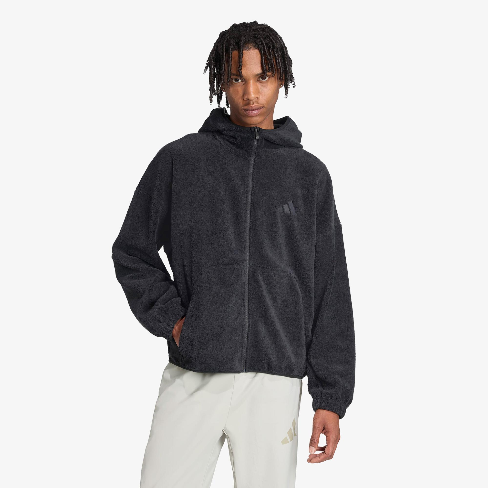 adidas Future icons Small Logo Low Pile Fleece Full Zip Erkek Siyah Eşofman Üstü