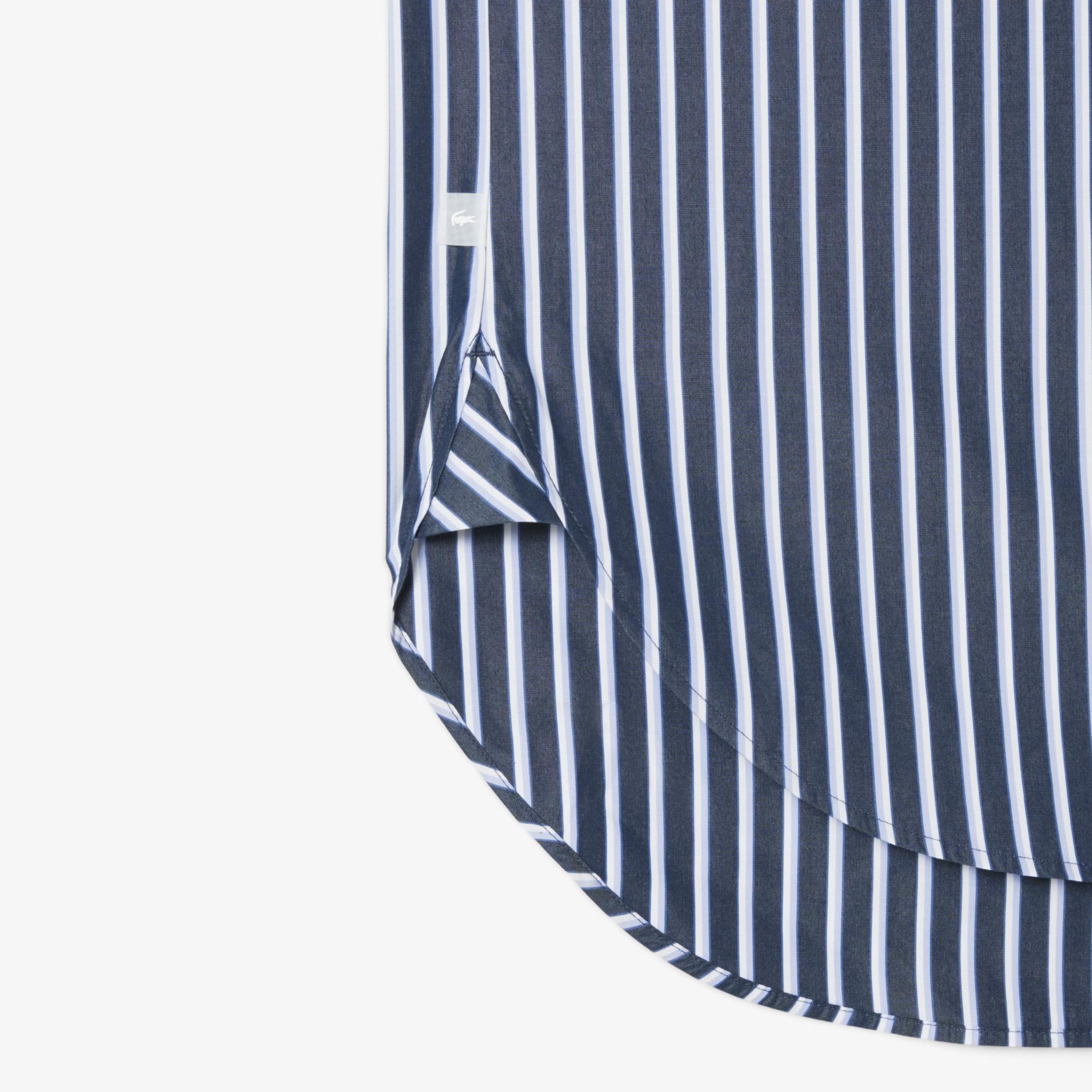 Lacoste Kadın Oversize Fit Düğmesiz Yaka Çizgili Lacivert Gömlek