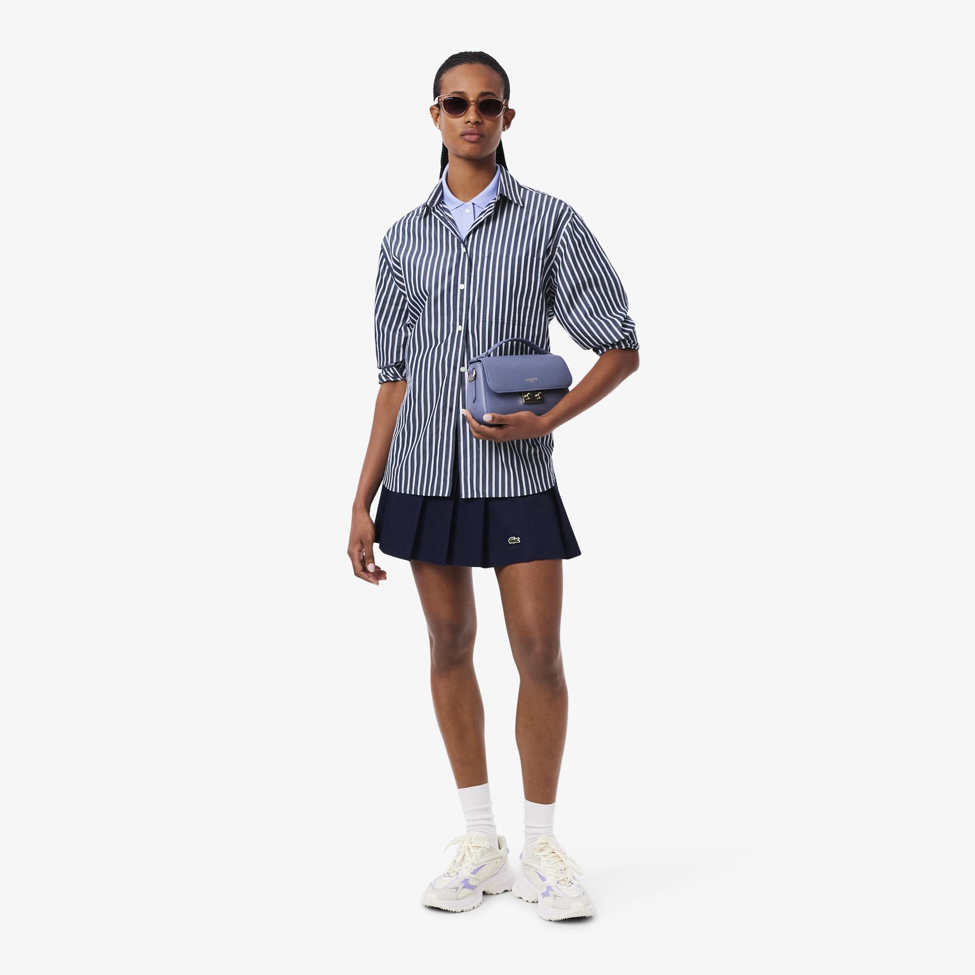 Lacoste Kadın Oversize Fit Düğmesiz Yaka Çizgili Lacivert Gömlek