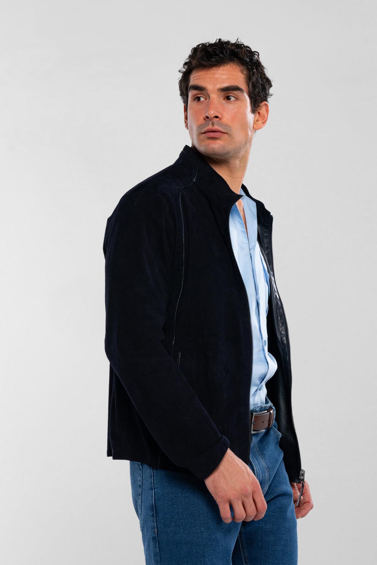 Tamer Tanca Erkek Hakiki Deri Lacivert Süet Çift Taraflı Deri Mont