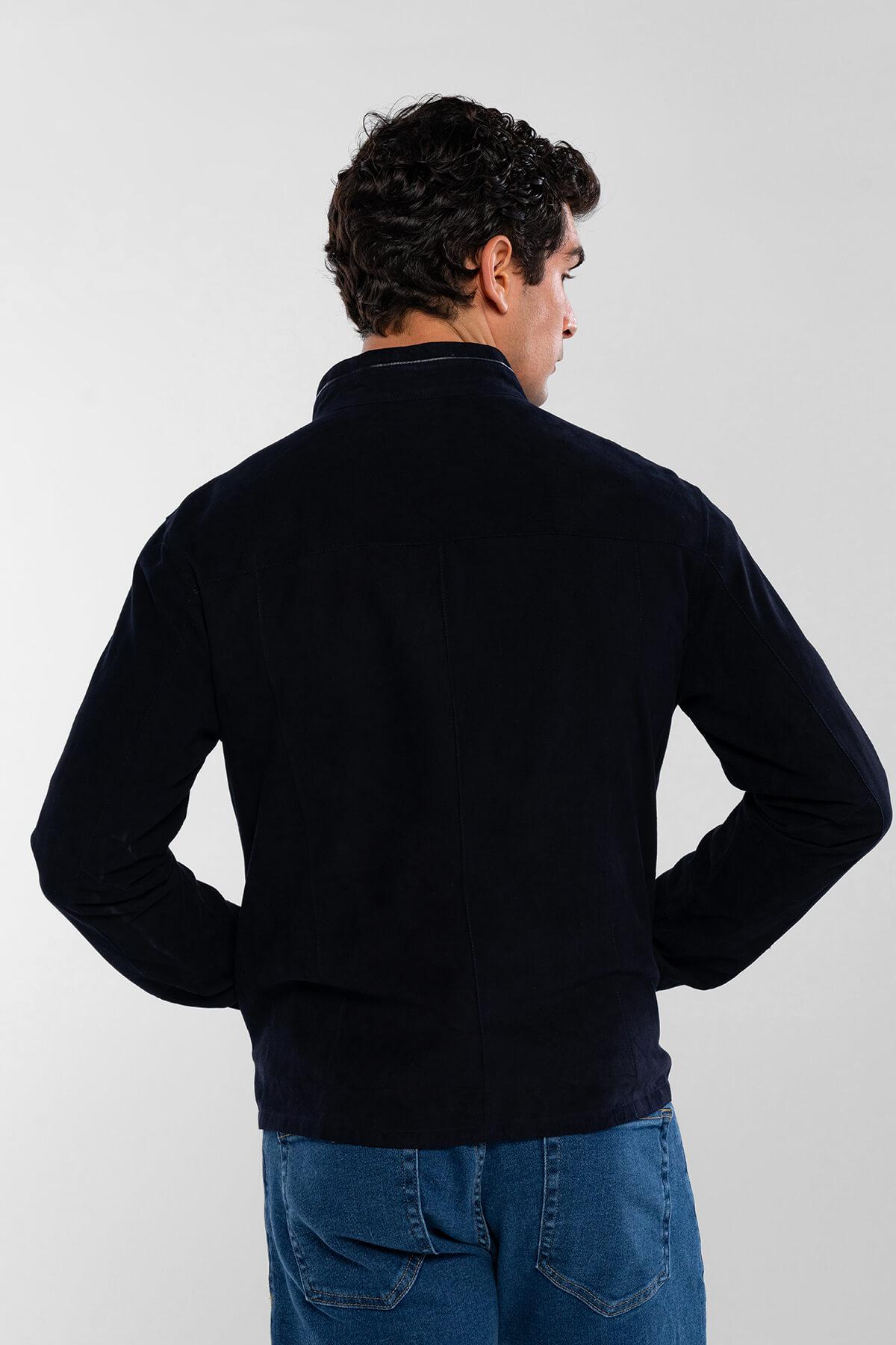 Tamer Tanca Erkek Hakiki Deri Lacivert Süet Çift Taraflı Deri Mont