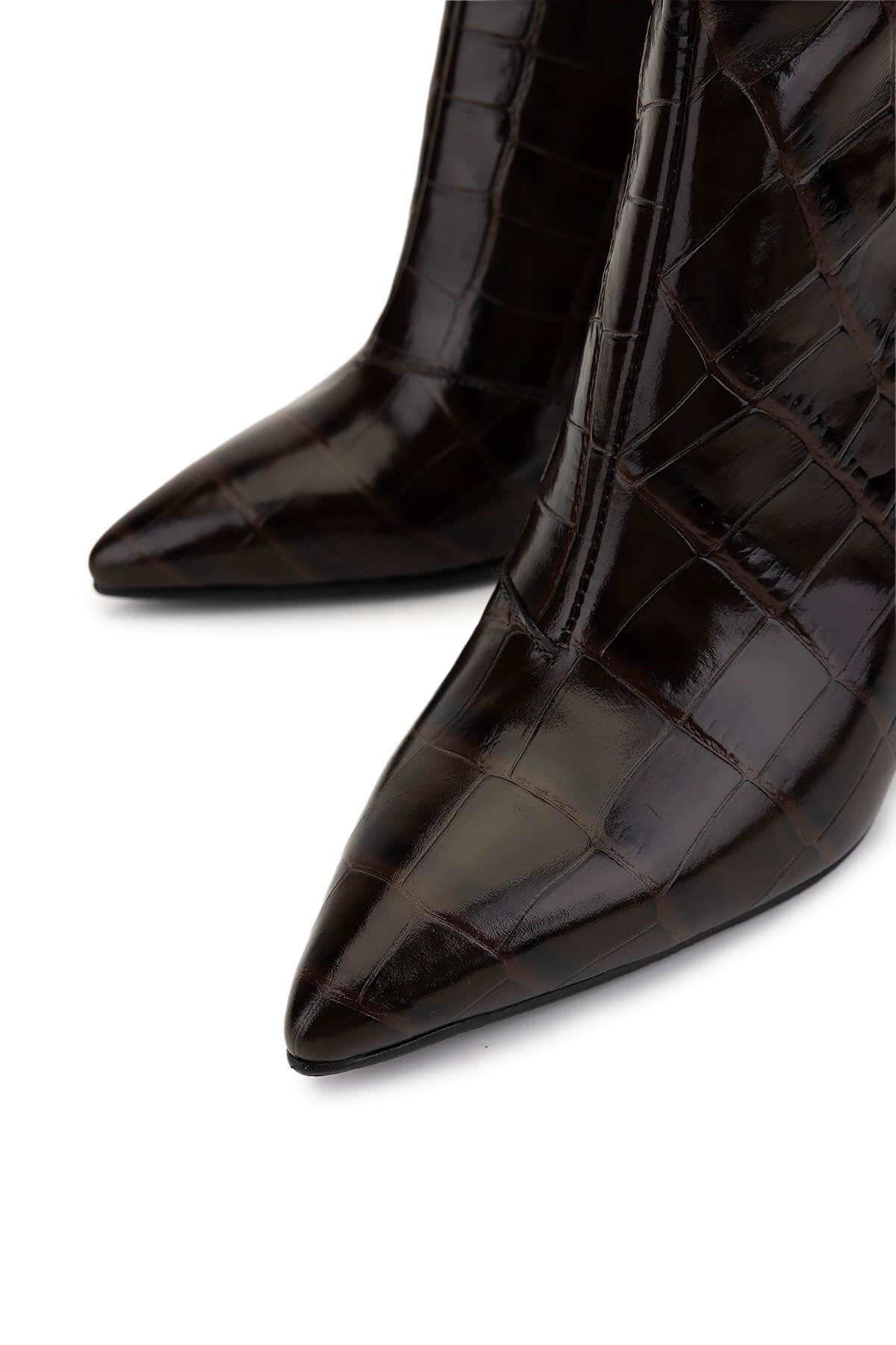 Tamer Tanca Kadın Hakiki Deri Kahverengi Kroko Topuklu Bot