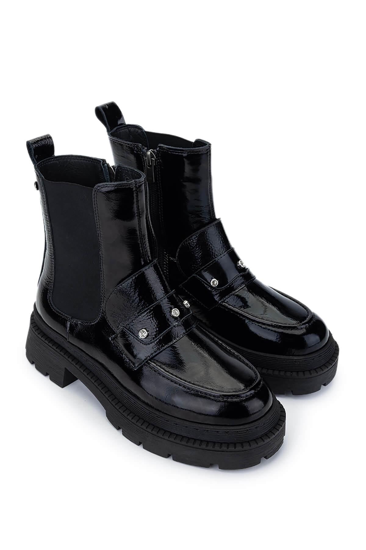 Tamer Tanca Kadın Hakiki Deri Siyah Rugan Casual Bot