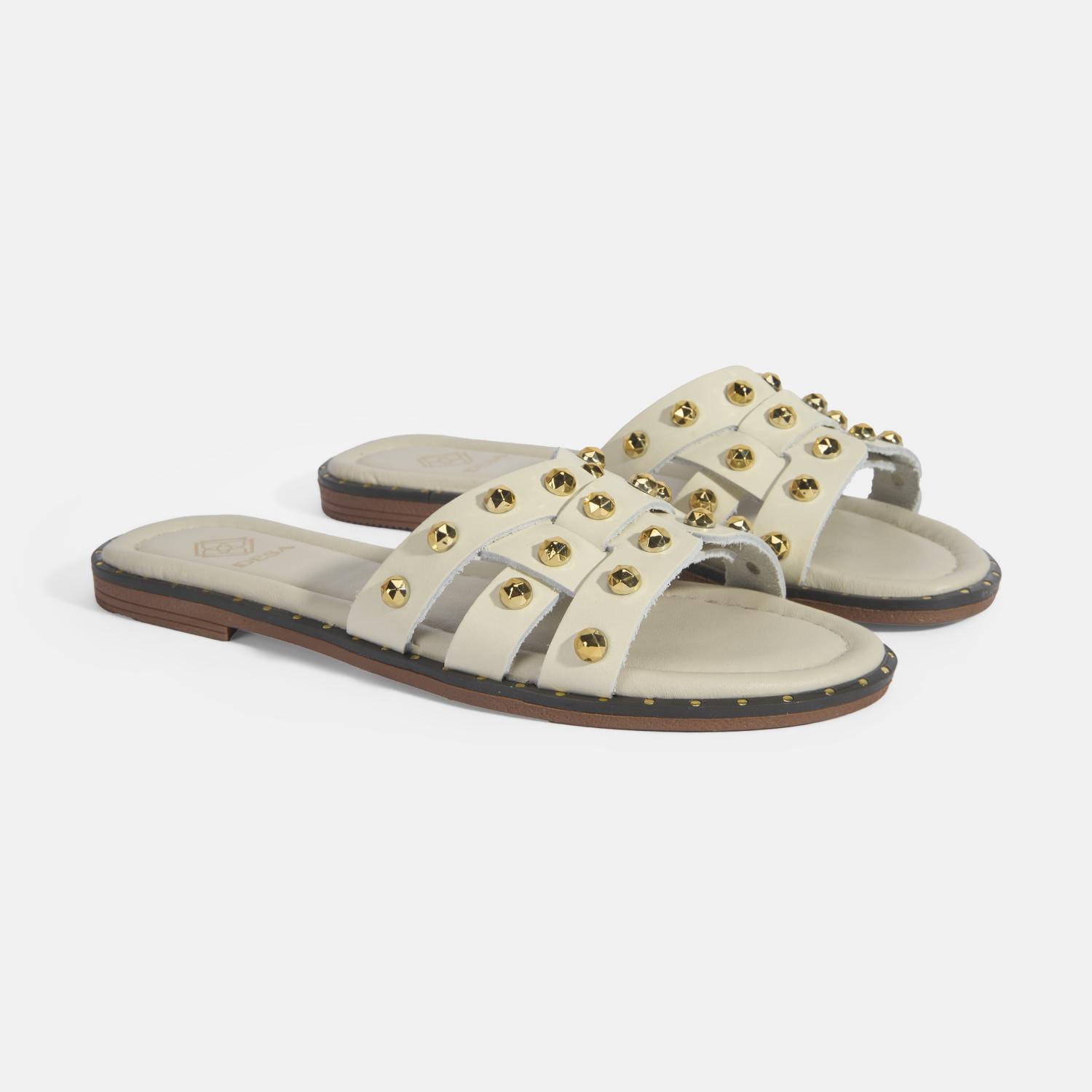 Kadın Krem Zımba Detaylı Deri Terlik