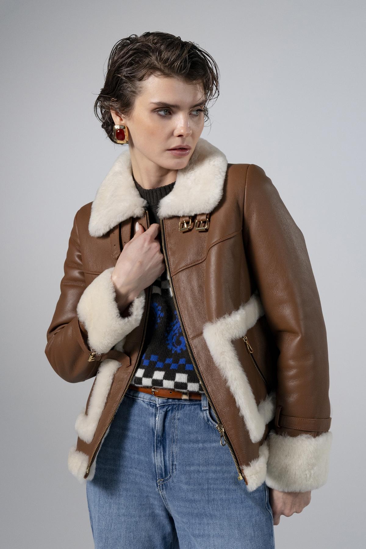 Valmenti Kadın Hakiki Deri Taba Mont