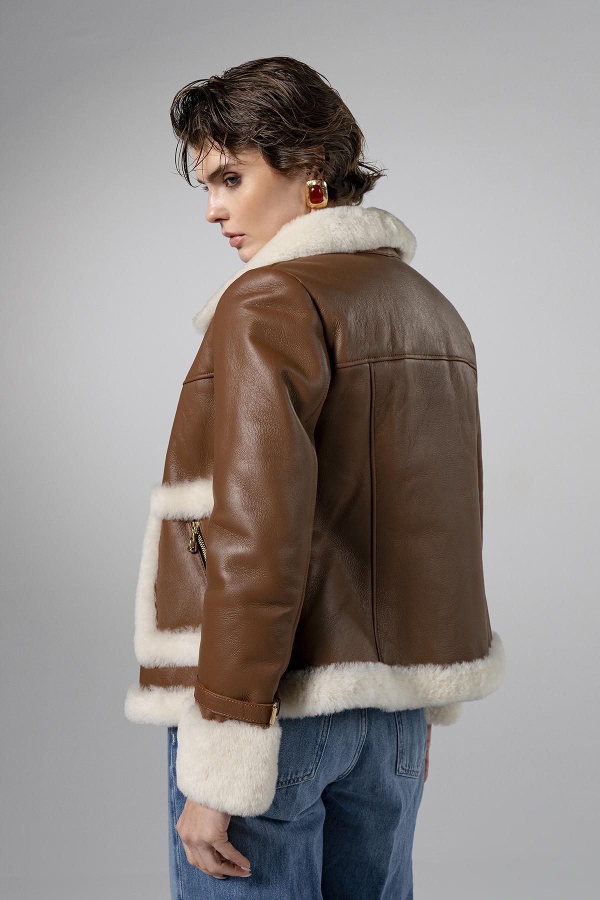 Valmenti Kadın Hakiki Deri Taba Mont