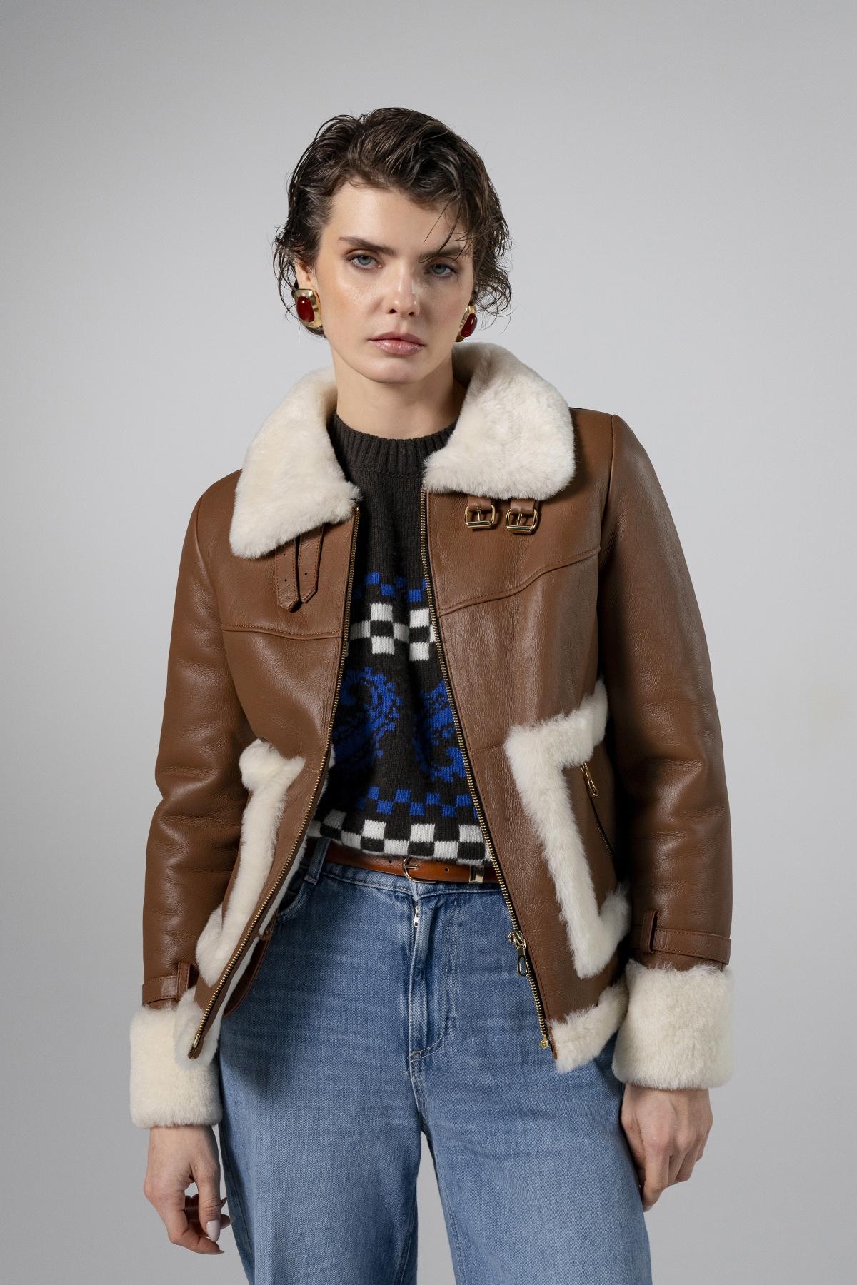 Valmenti Kadın Hakiki Deri Taba Mont