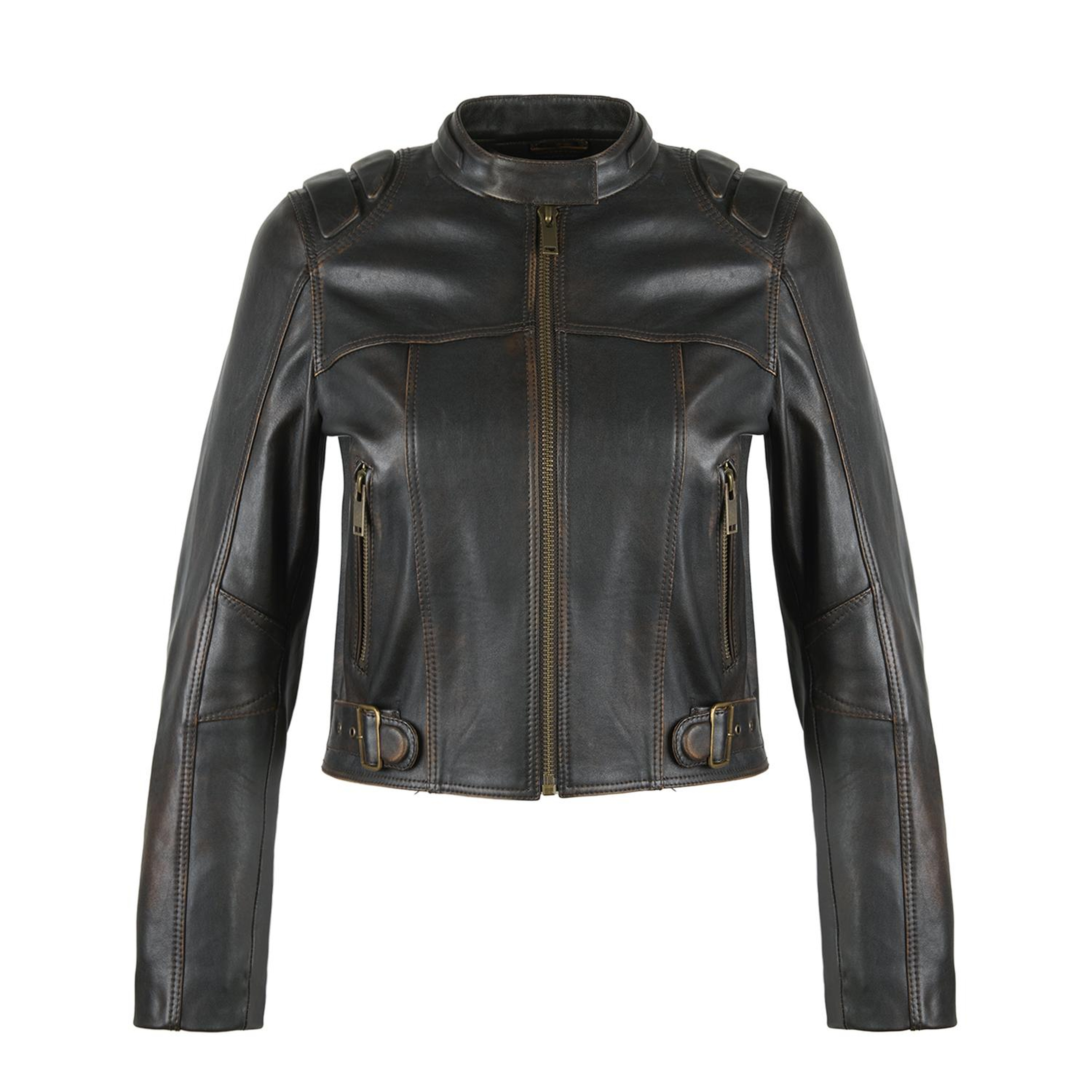 Meline Kahve Kadın Deri Biker Ceket