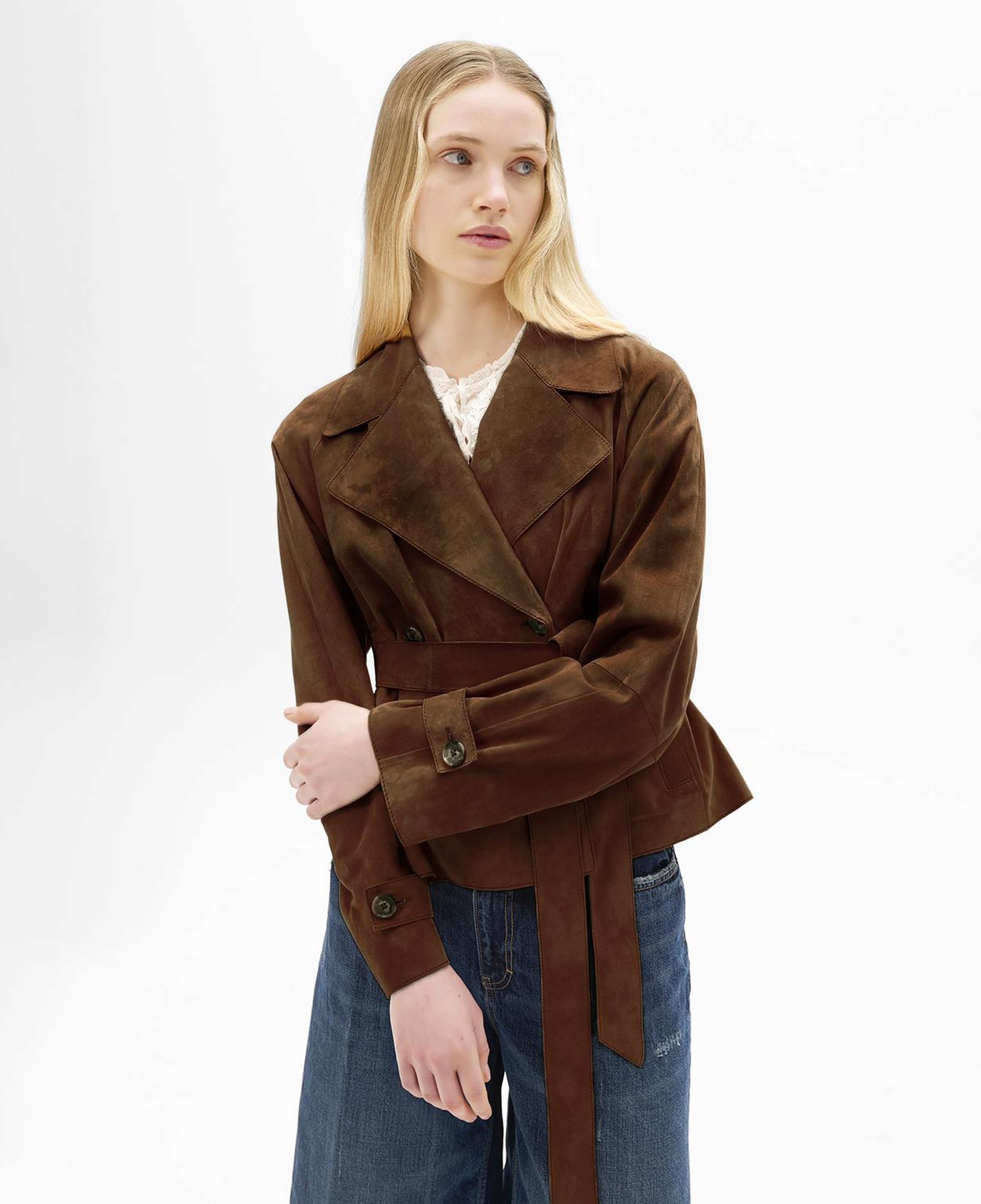 Limited Edition Kadın Taba Belden Bağlamalı Süet Kısa Trençkot