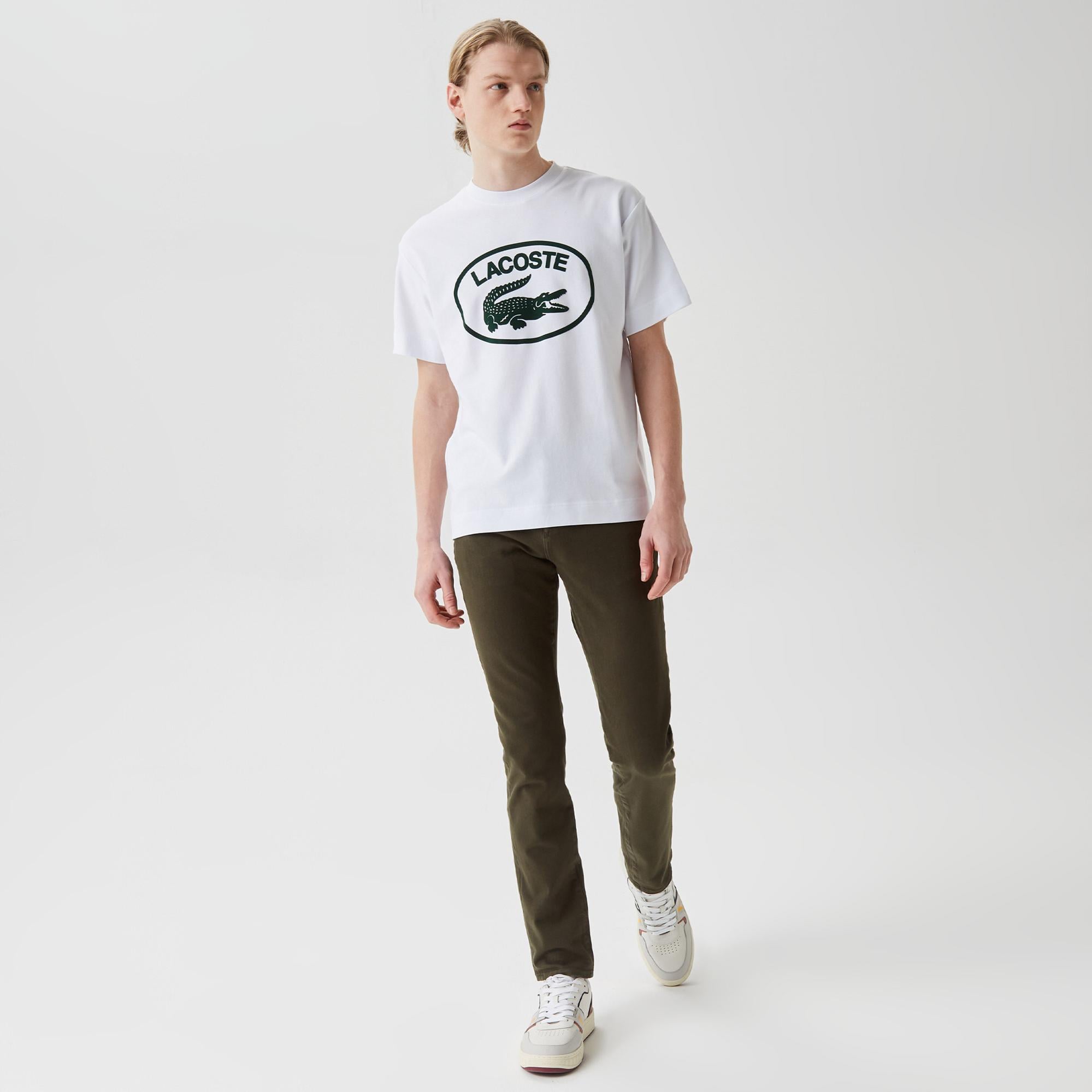 Lacoste Erkek Relaxed Fit Bisiklet Yaka Baskılı Beyaz T-Shirt